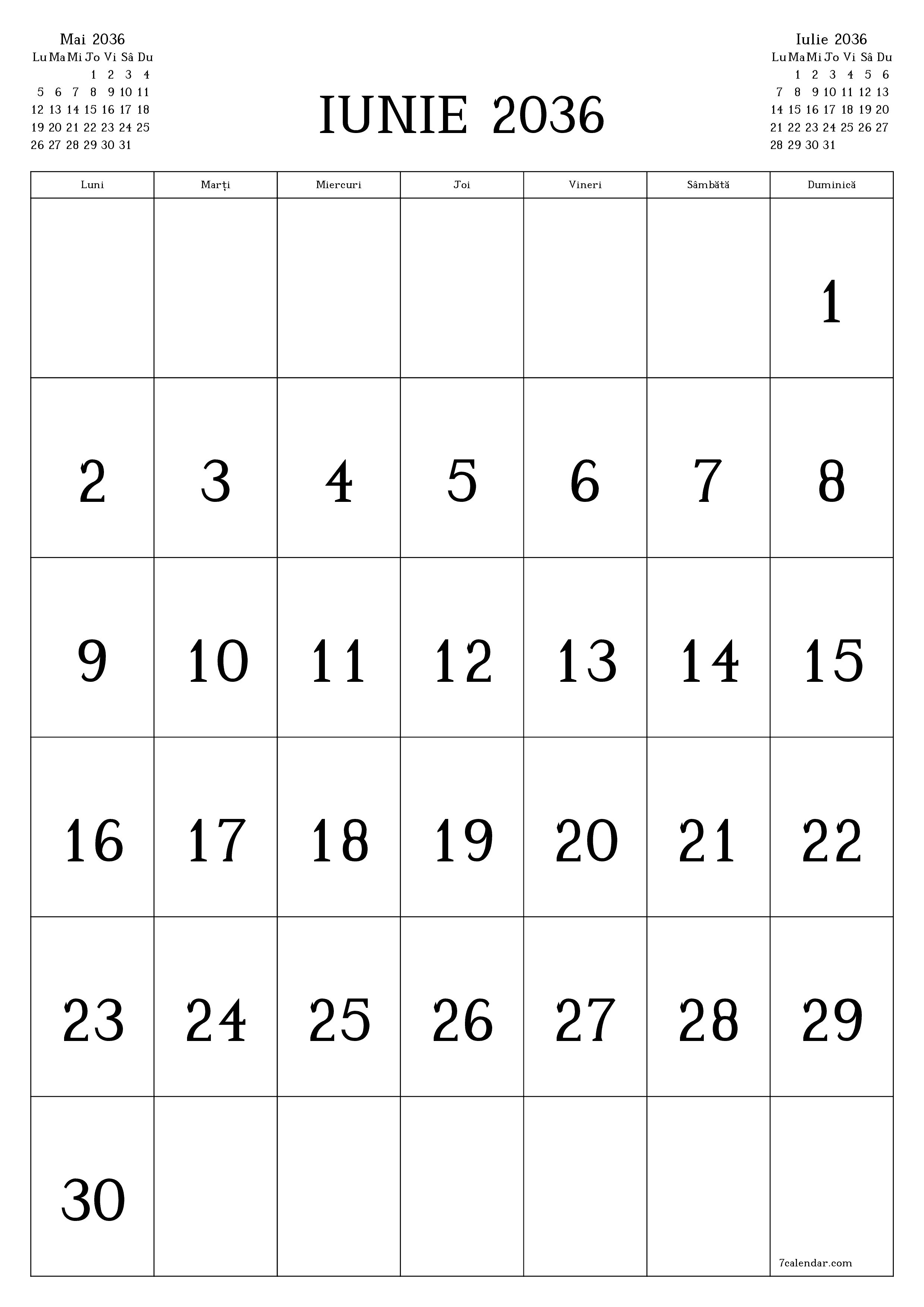  imprimabil de perete șablon de gratuitvertical Lunar calendar Iunie (Iun) 2036