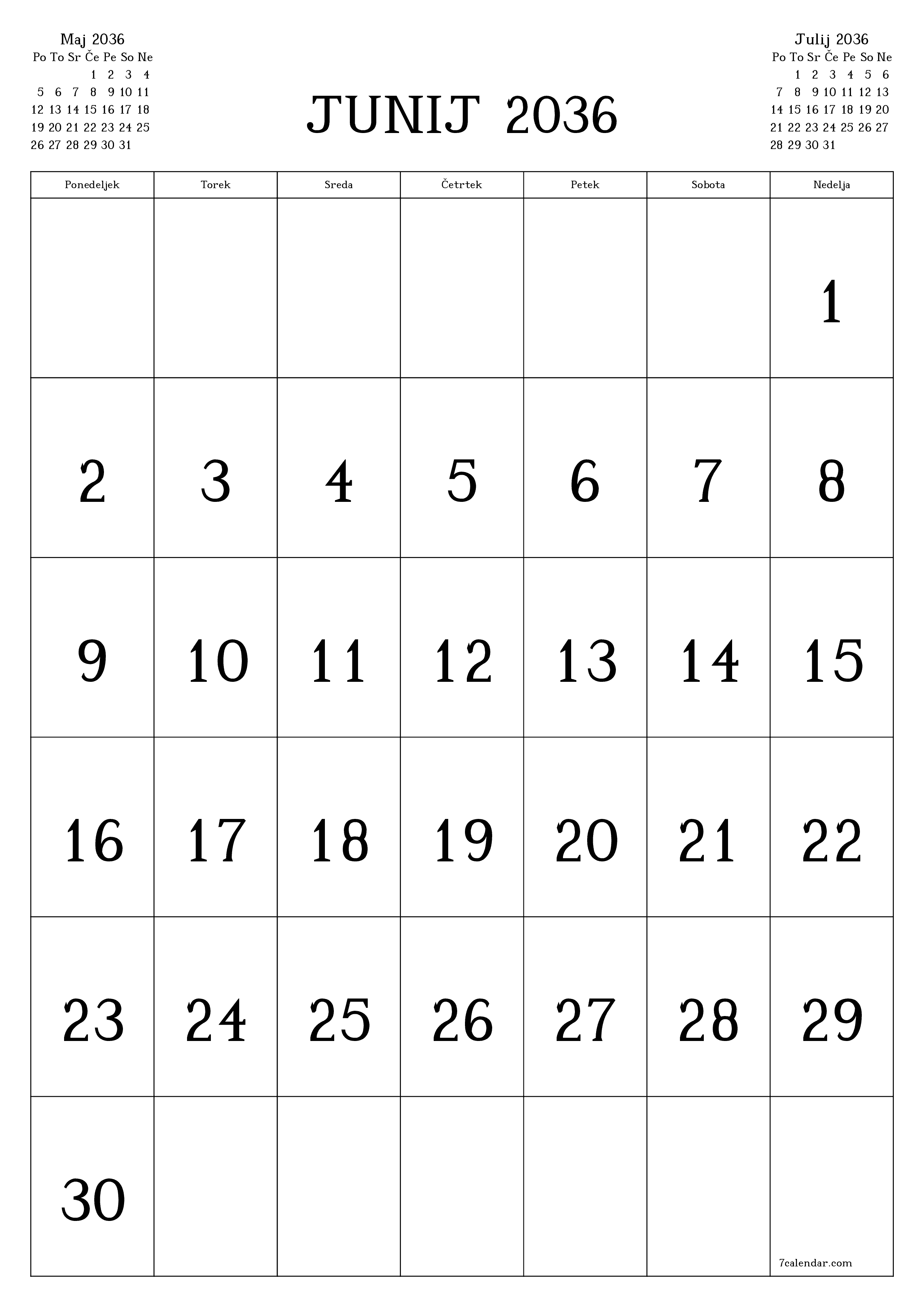 natisljiv stenski ska predloga brezplačni vertical Mesečno koledar Junij (Jun) 2036
