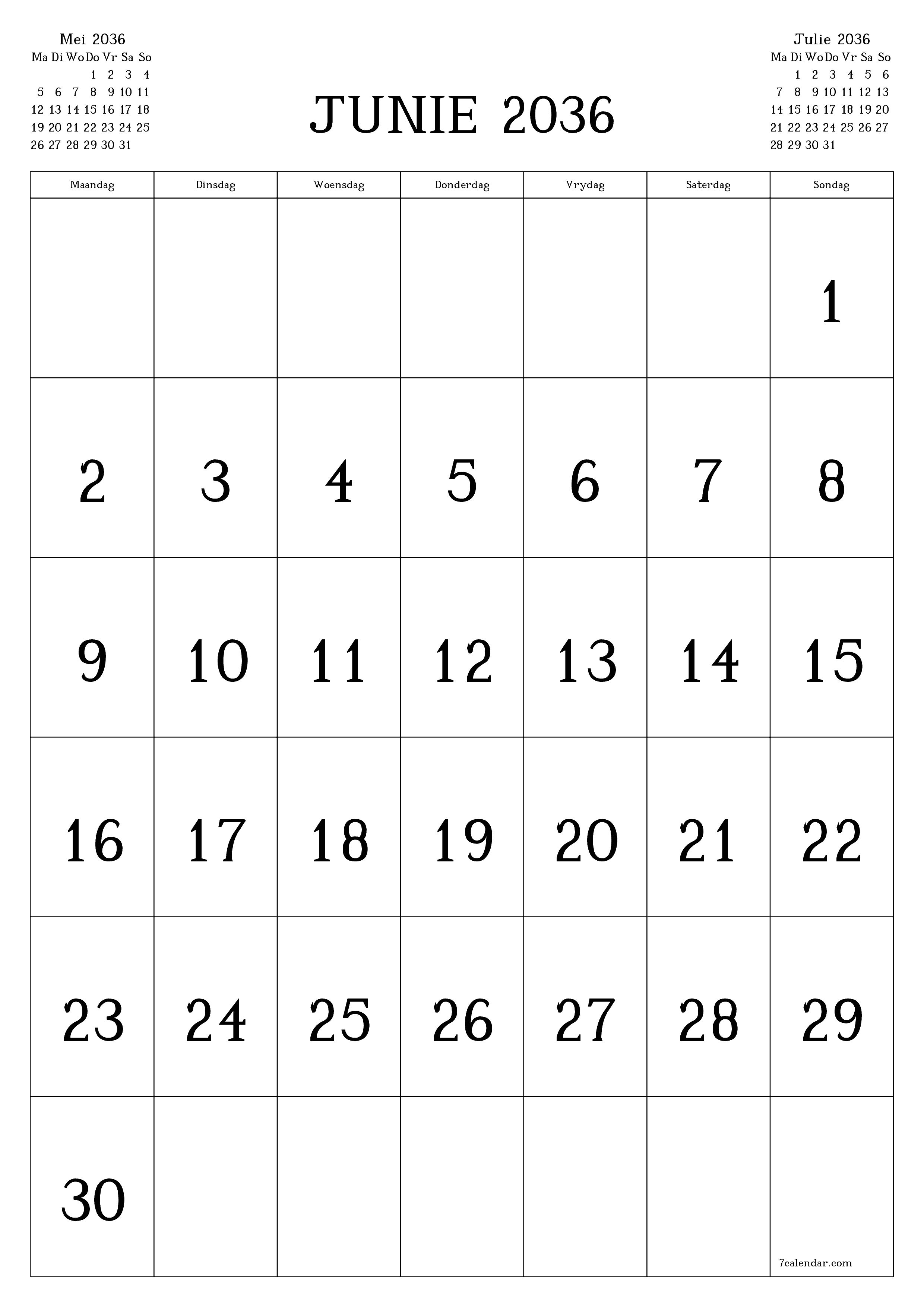 drukbare muur template gratis vertikaal Maandeliks kalender Junie (Jun) 2036