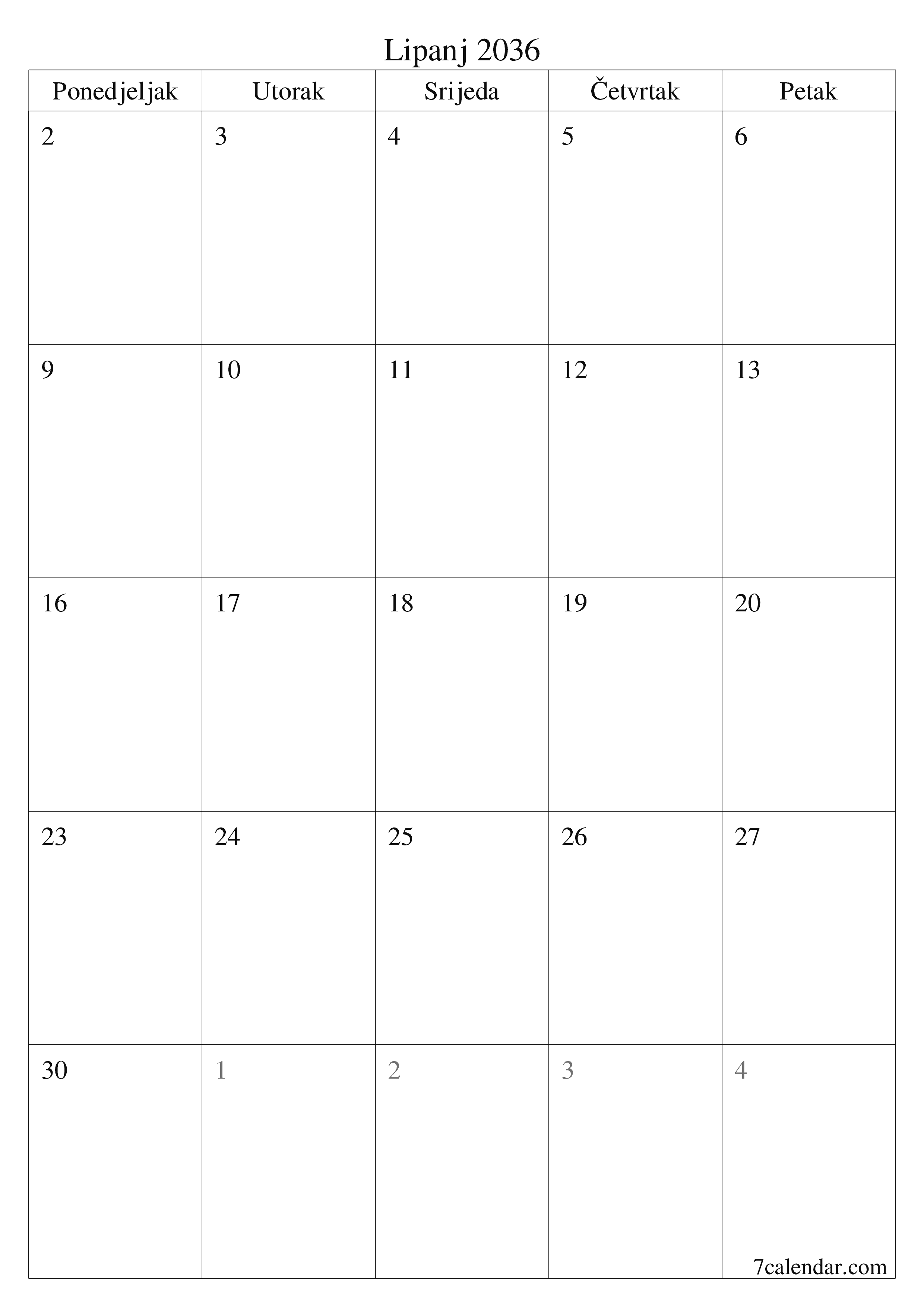  za ispis zidni predložak a besplatni okomito Mjesečni planer kalendar Lipanj (Lip) 2036