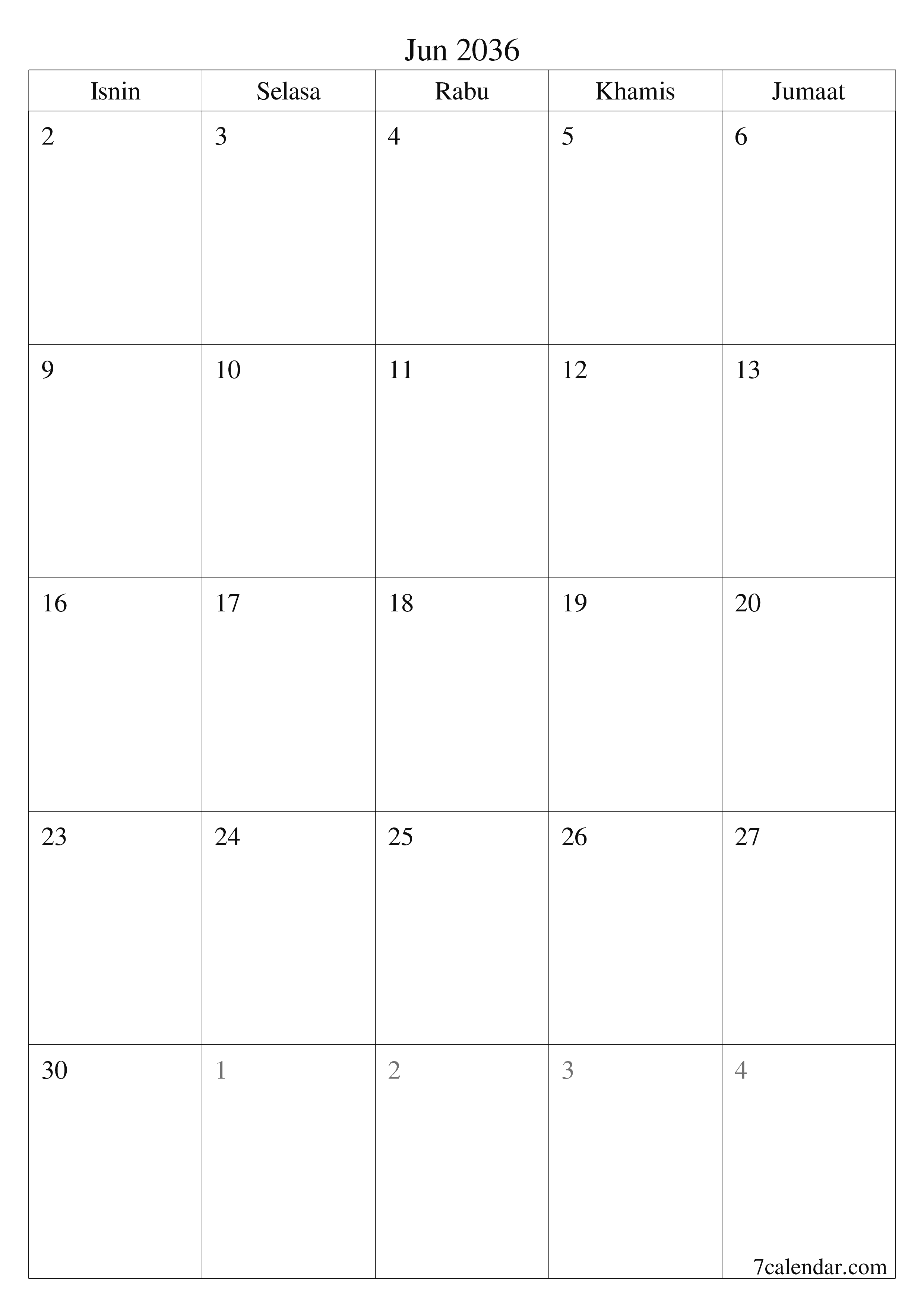  boleh cetak dinding templat percumamenegak Bulanan perancang kalendar Jun (Jun) 2036
