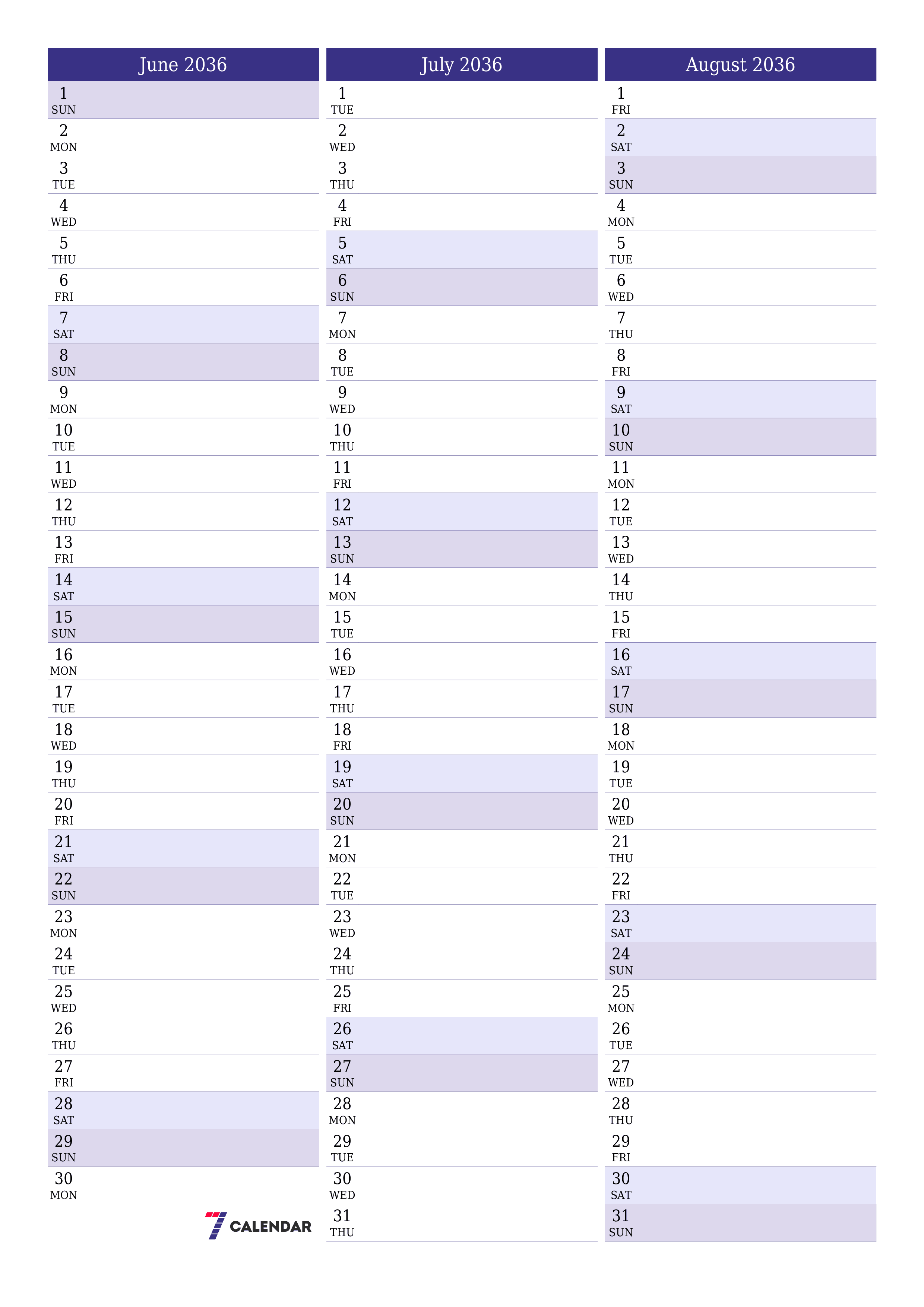 Blank calendar June 2036