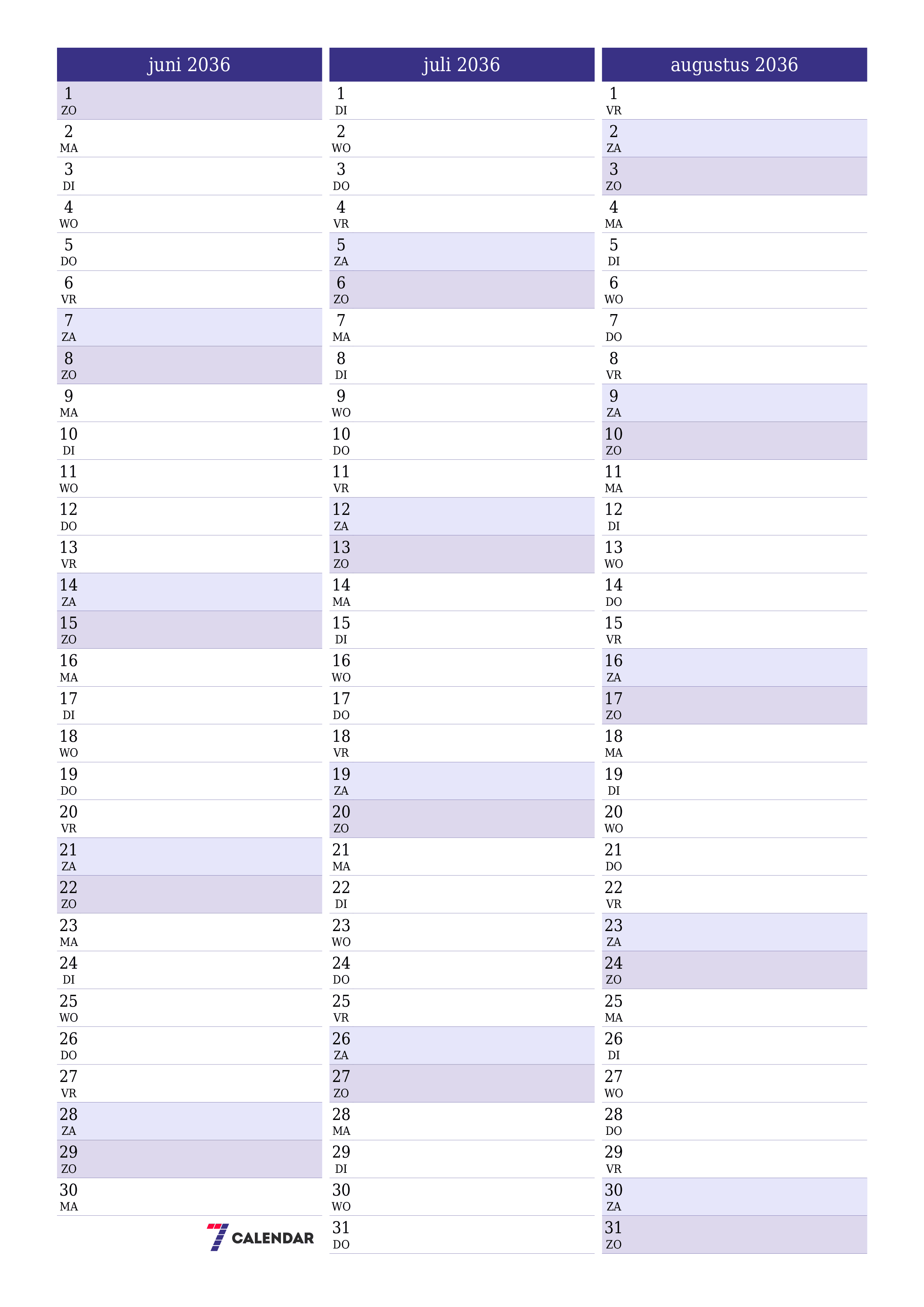 afdrukbare muur sjabloon gratis verticaal Maandelijks planner kalender juni (jun) 2036