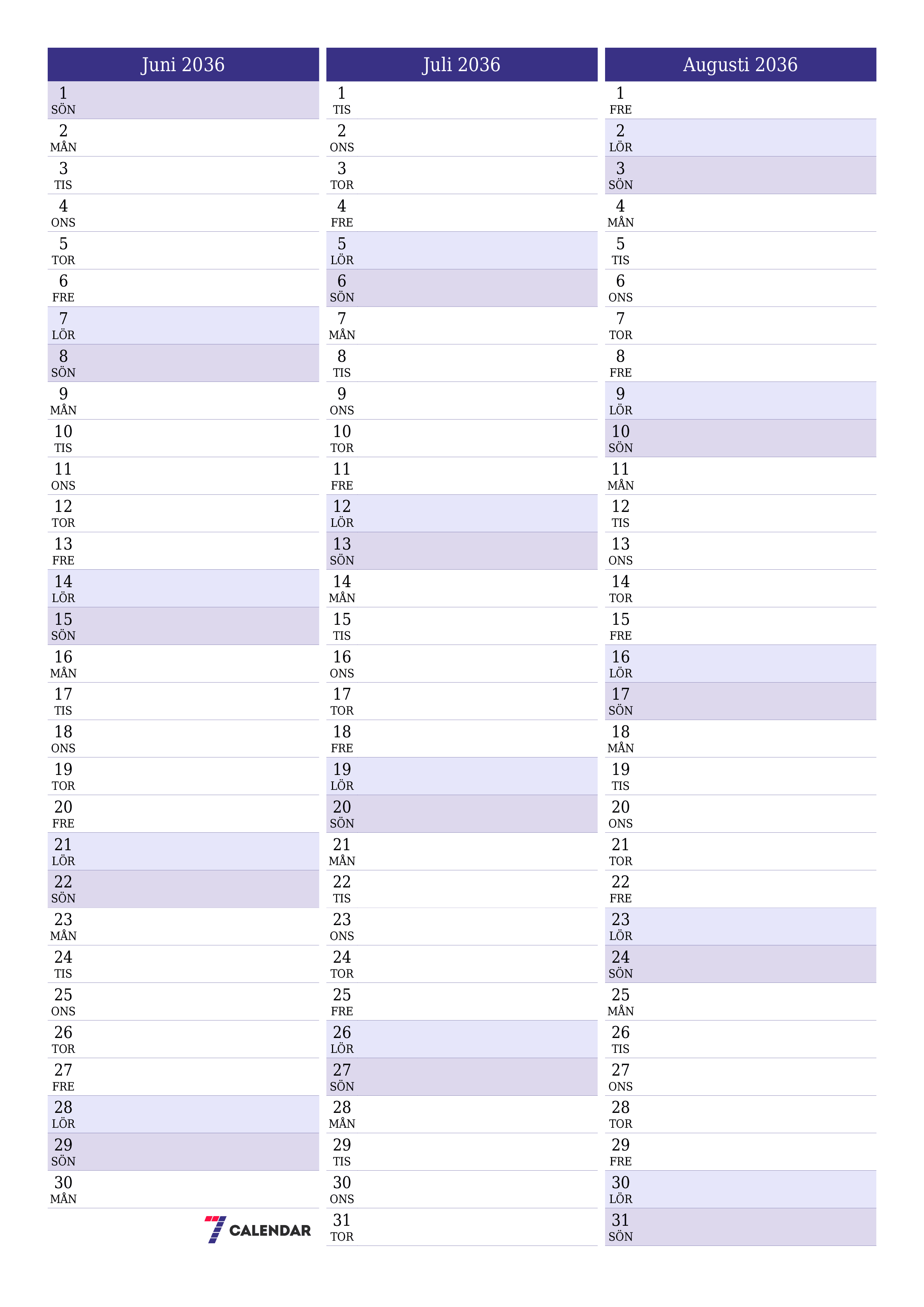 utskrivbar vägg mall gratis vertikal Månatlig planerare kalender Juni (Jun) 2036