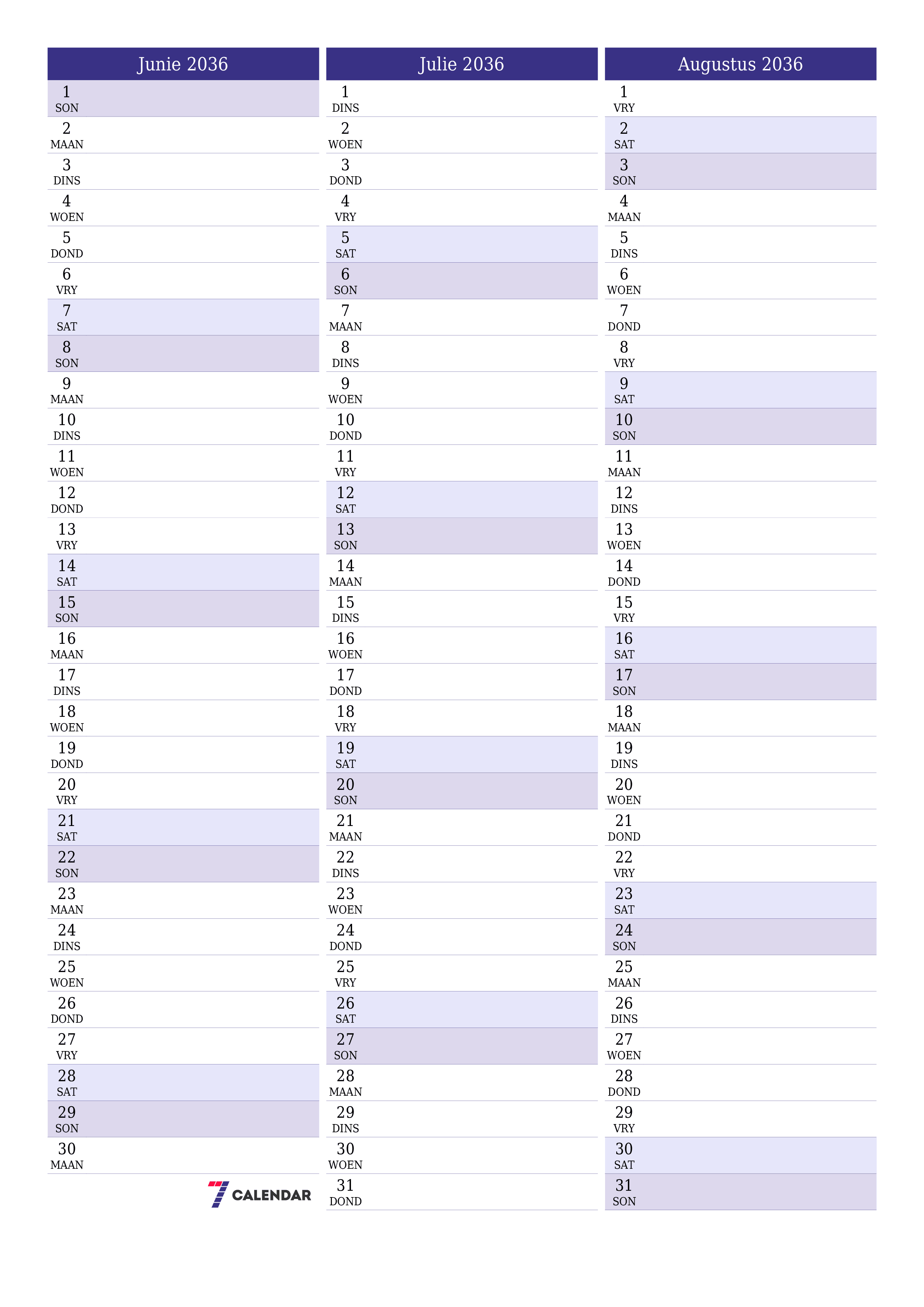 drukbare muur template gratis vertikaal Maandeliks beplanner kalender Junie (Jun) 2036