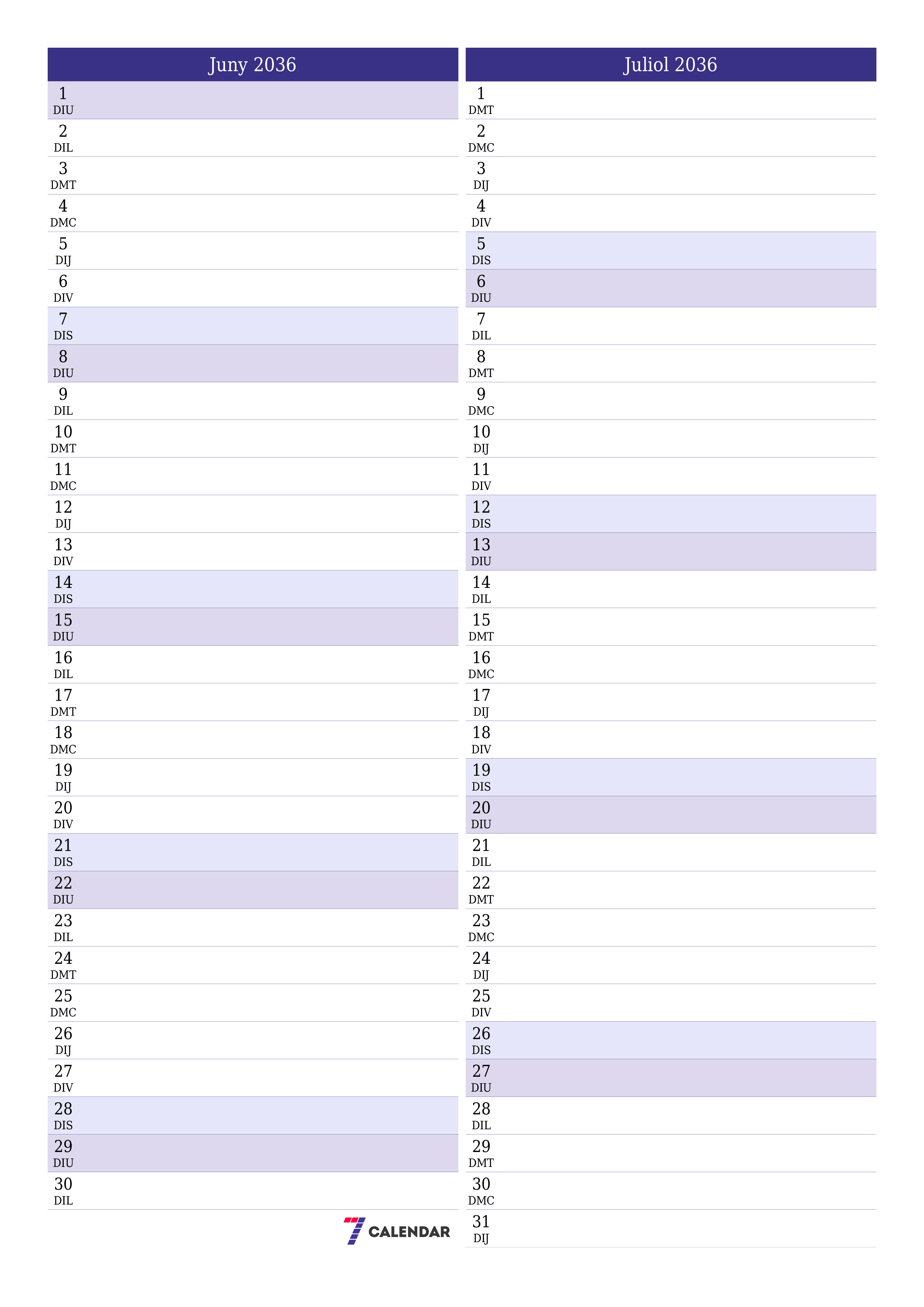 Planificador mensual buit del mes Juny 2036 amb notes, deseu-lo i imprimiu-lo en format PDF PNG Catalan