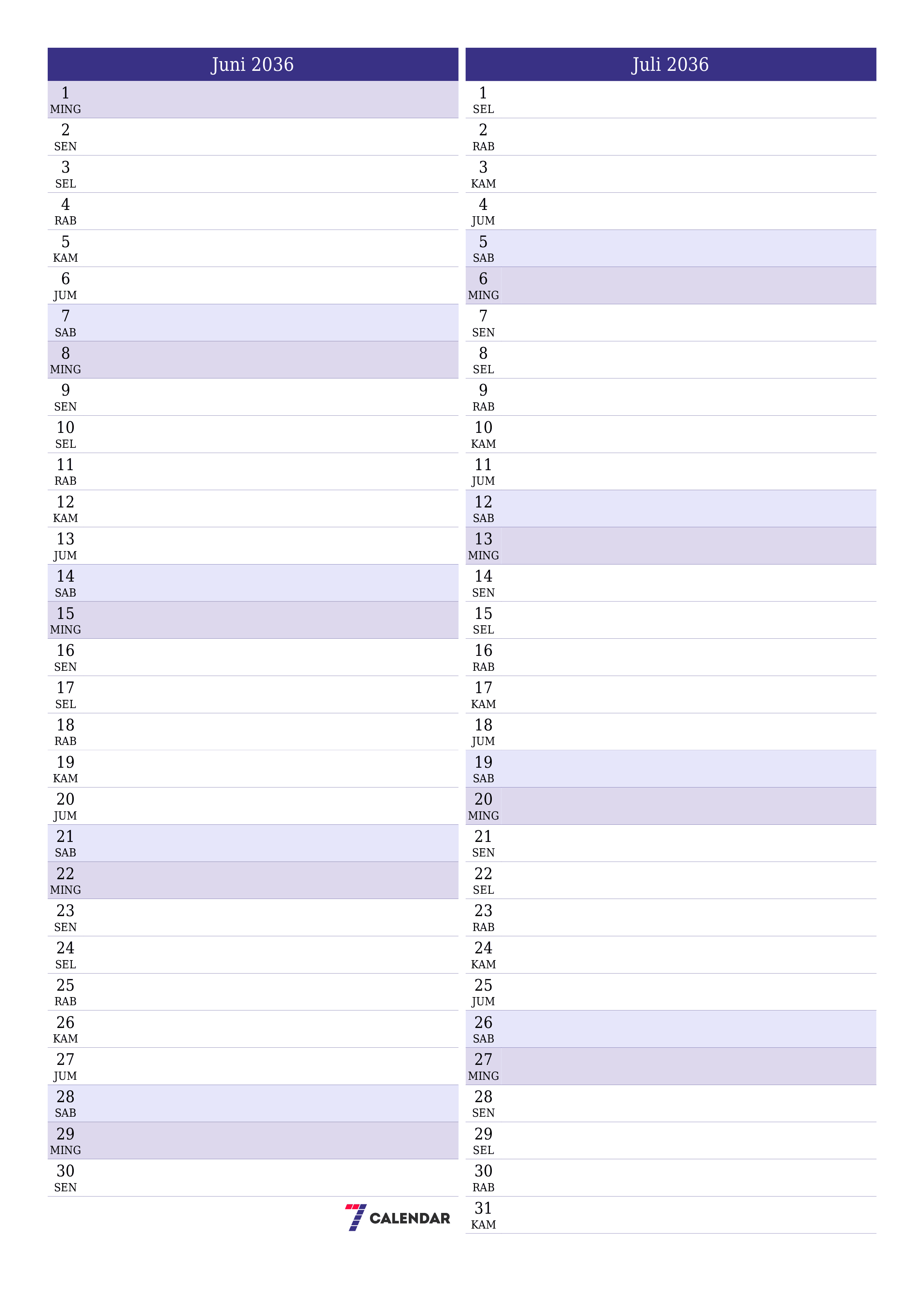 Kosongkan agenda bulanan untuk bulan Juni 2036 dengan catatan, simpan dan cetak ke PDF PNG Indonesian