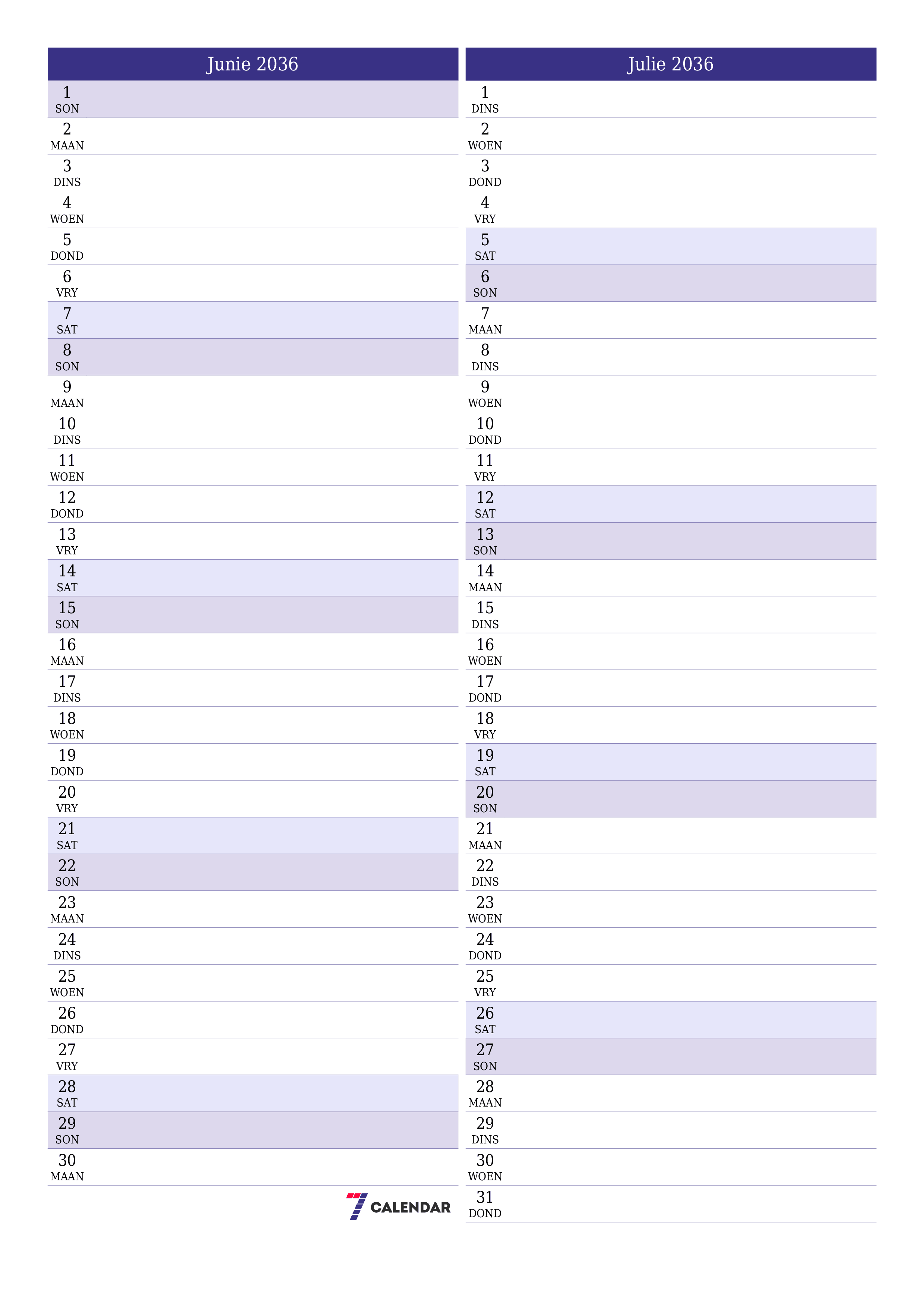 drukbare muur template gratis vertikaal Maandeliks beplanner kalender Junie (Jun) 2036