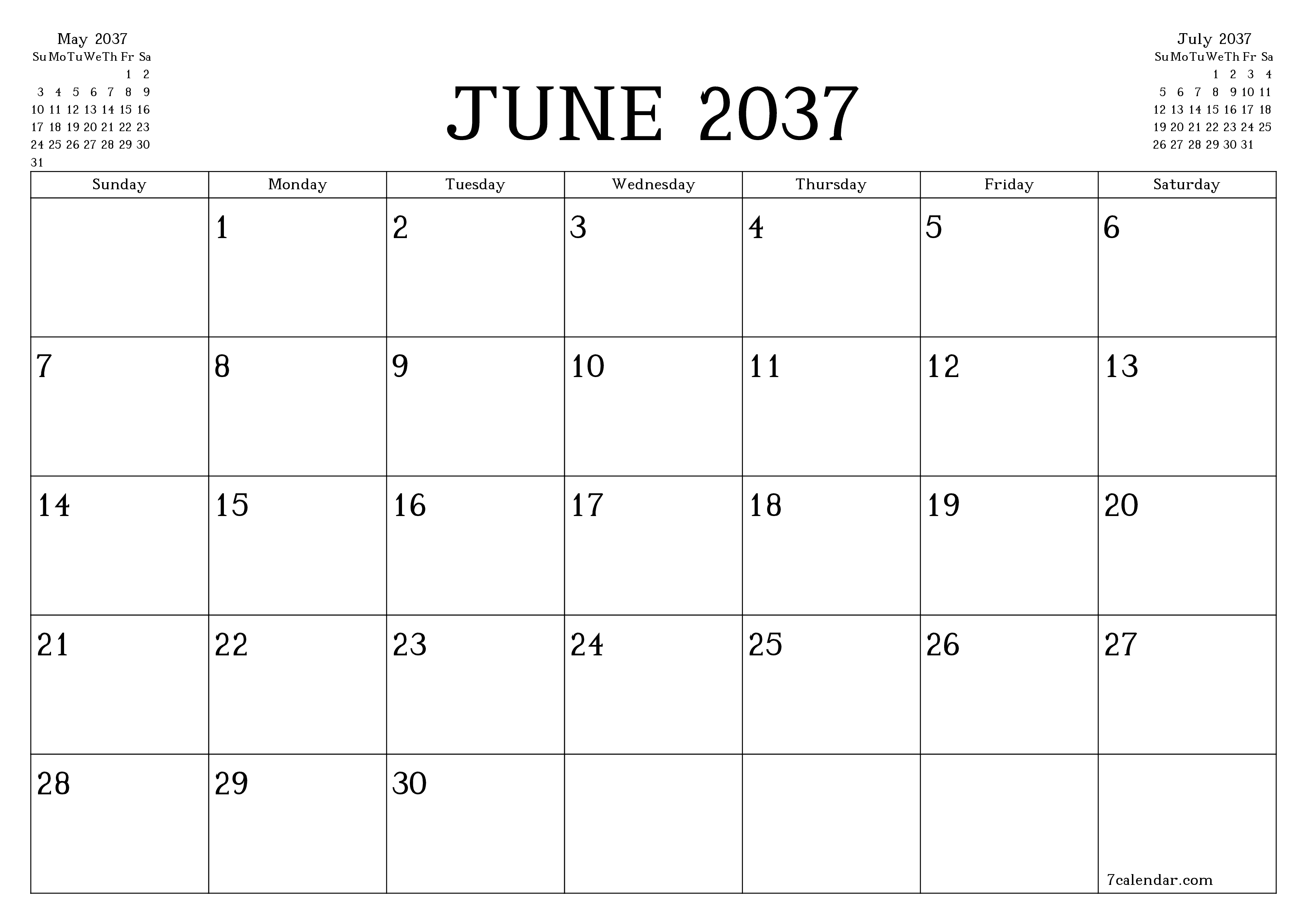 Blank calendar June 2037