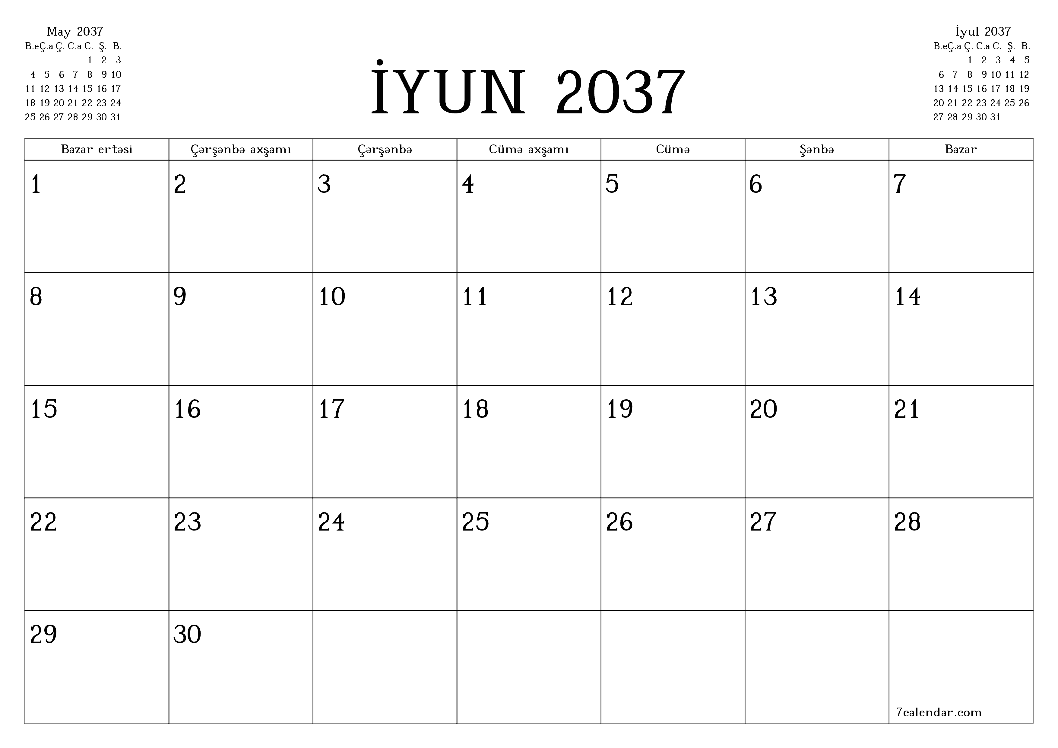 İyun 2037 ayı üçün qeydlər ilə boş aylıq planlayıcı, qeyd edin və PDF-ə yazdırın PNG Azerbaijani
