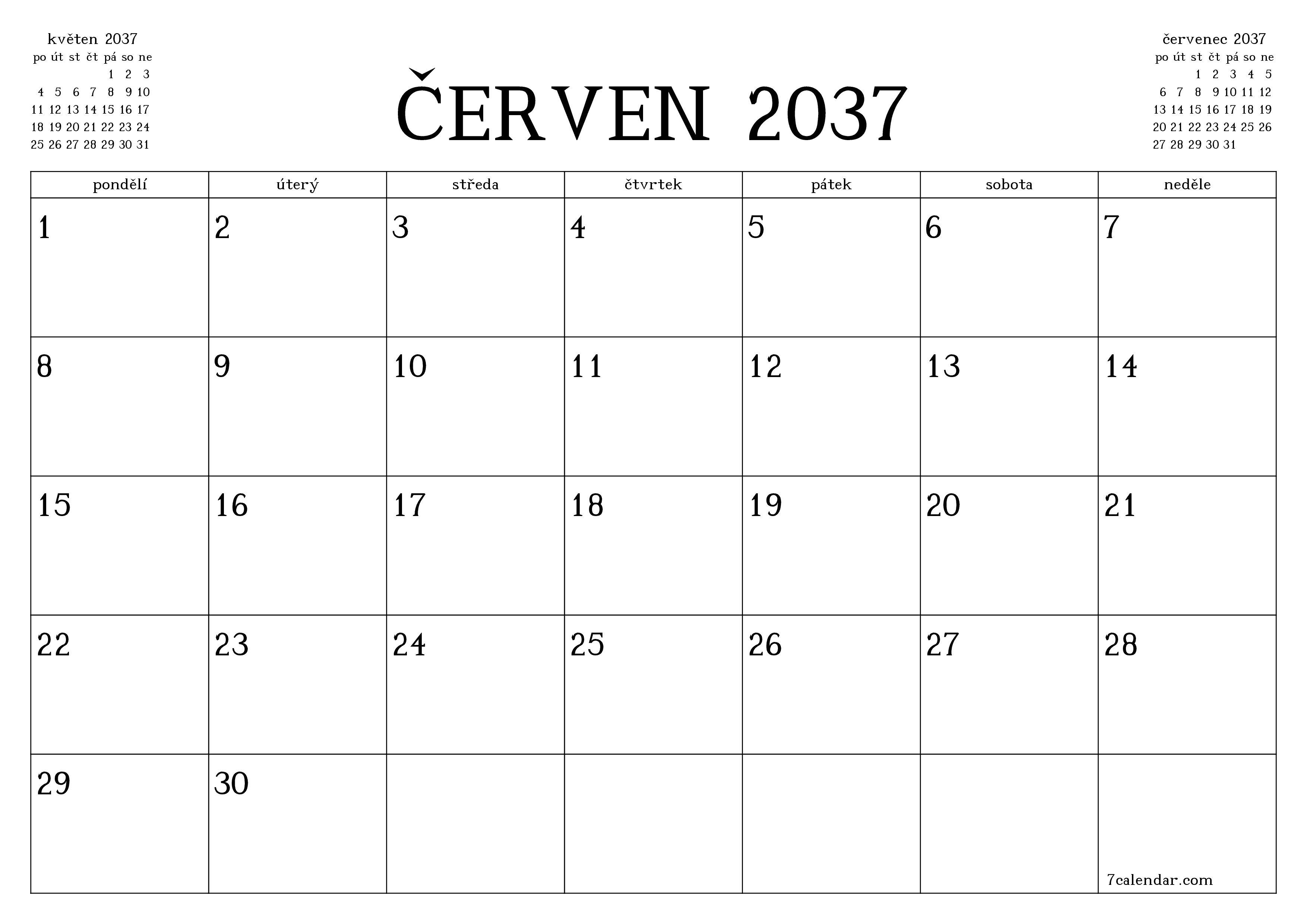 Vyprázdnit měsíční plánovač na měsíc červen 2037 s poznámkami, uložit a vytisknout do PDF PNG Czech
