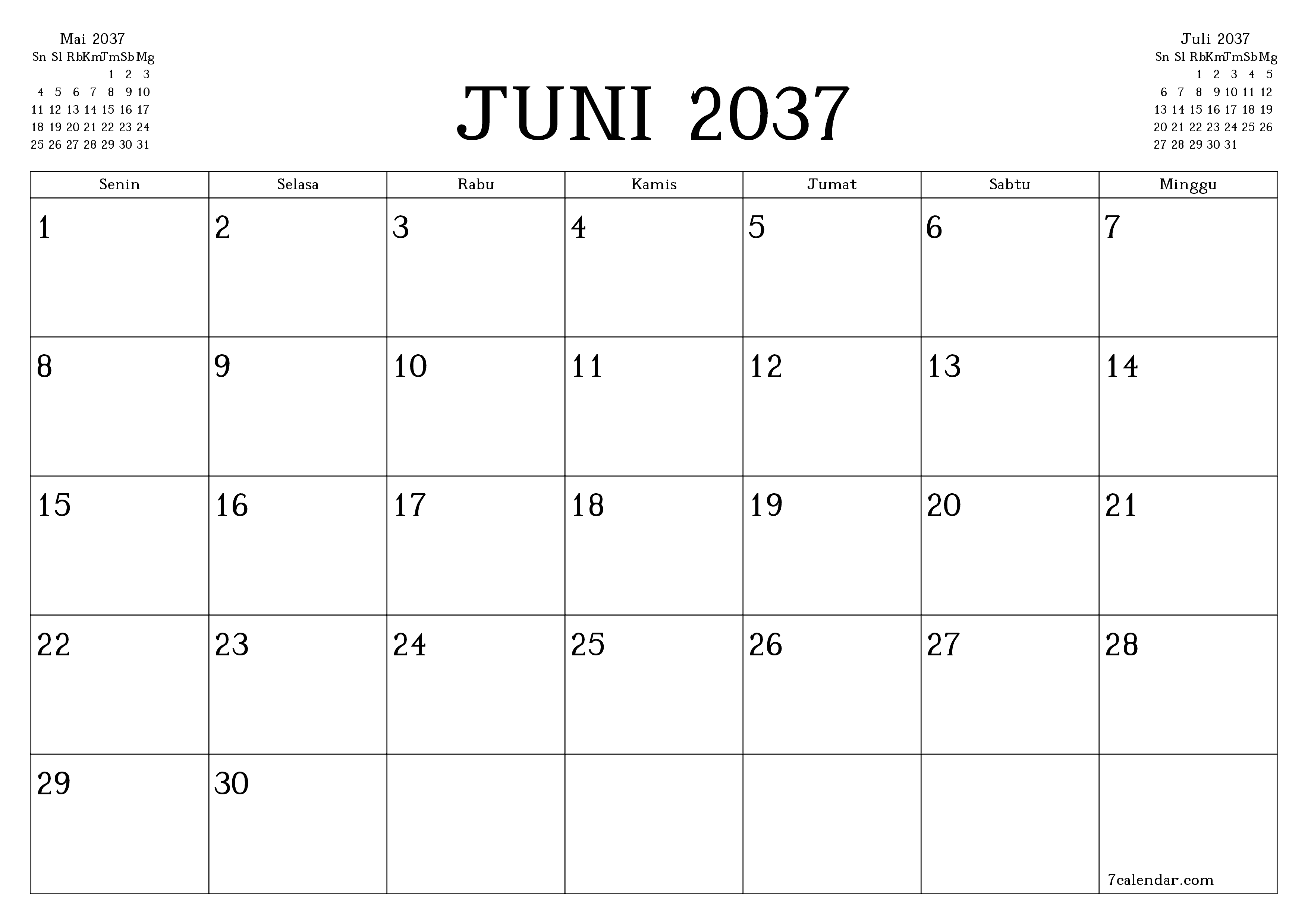Kosongkan agenda bulanan untuk bulan Juni 2037 dengan catatan, simpan dan cetak ke PDF PNG Indonesian