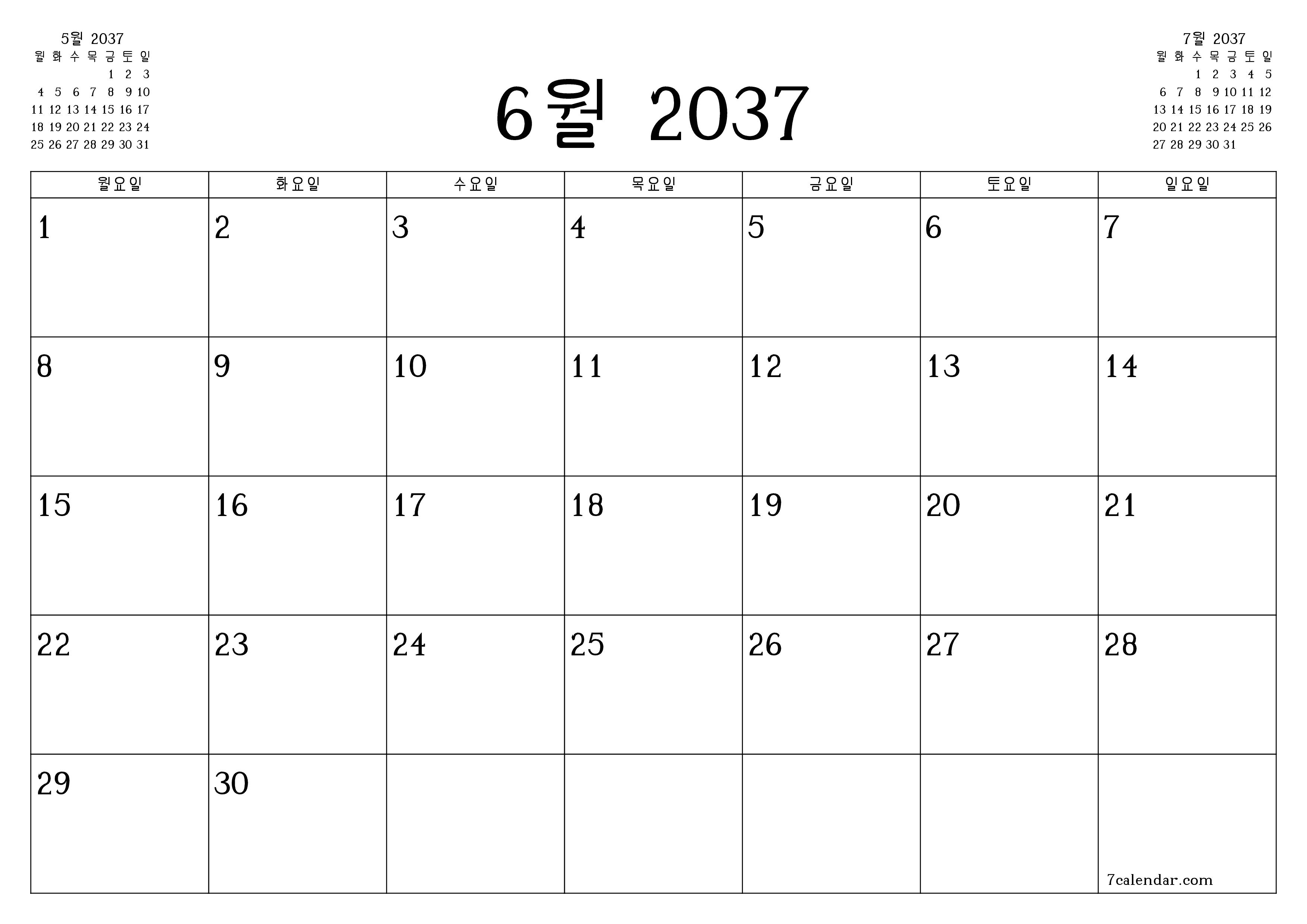 메모가있는 6월 2037 월의 월간 플래너 비우기, PDF PNG Korean-7calendar.com으로 저장 및 인쇄