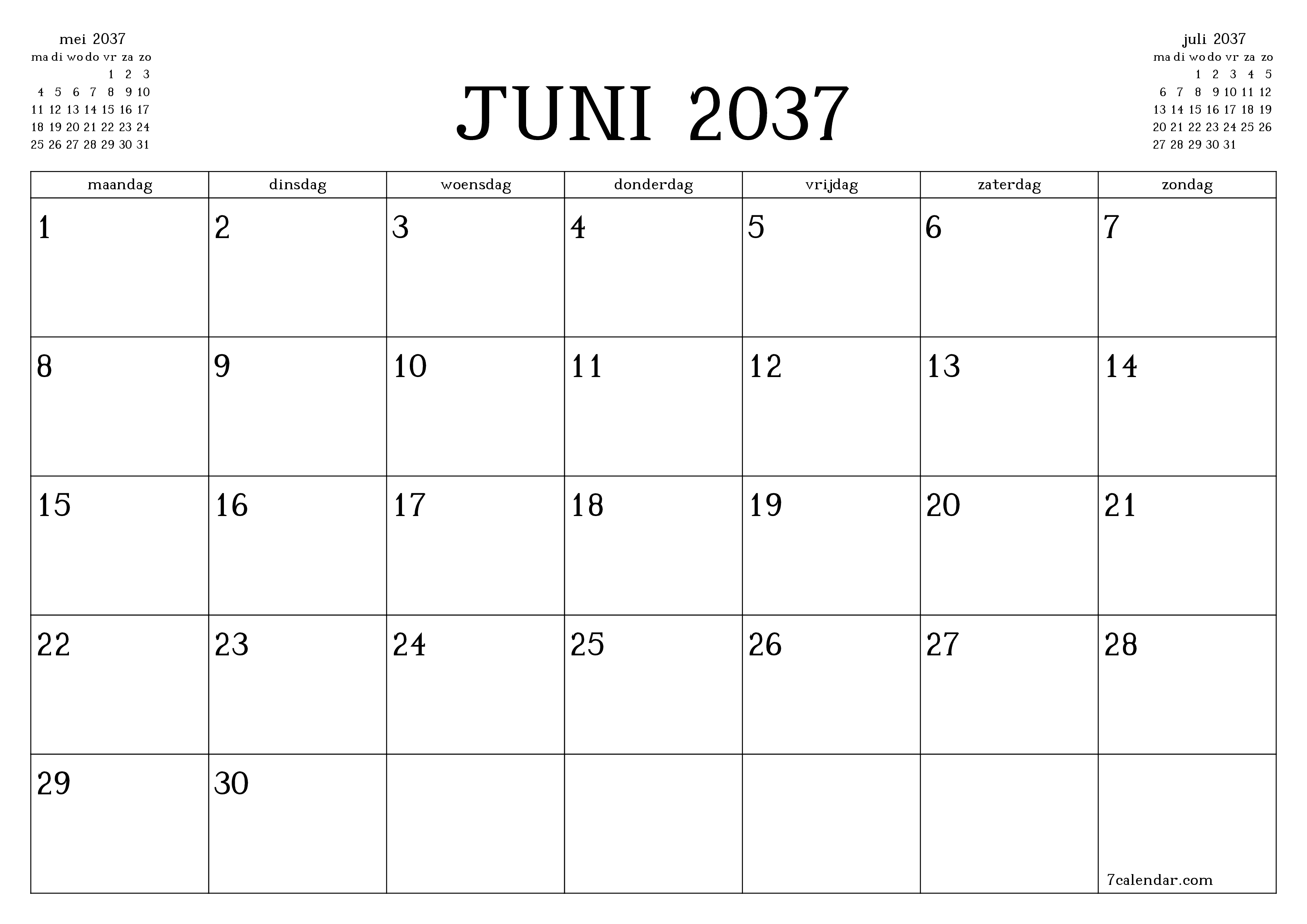 Lege maandplanner voor maand juni 2037 met notities, opslaan en afdrukken naar pdf PNG Dutch