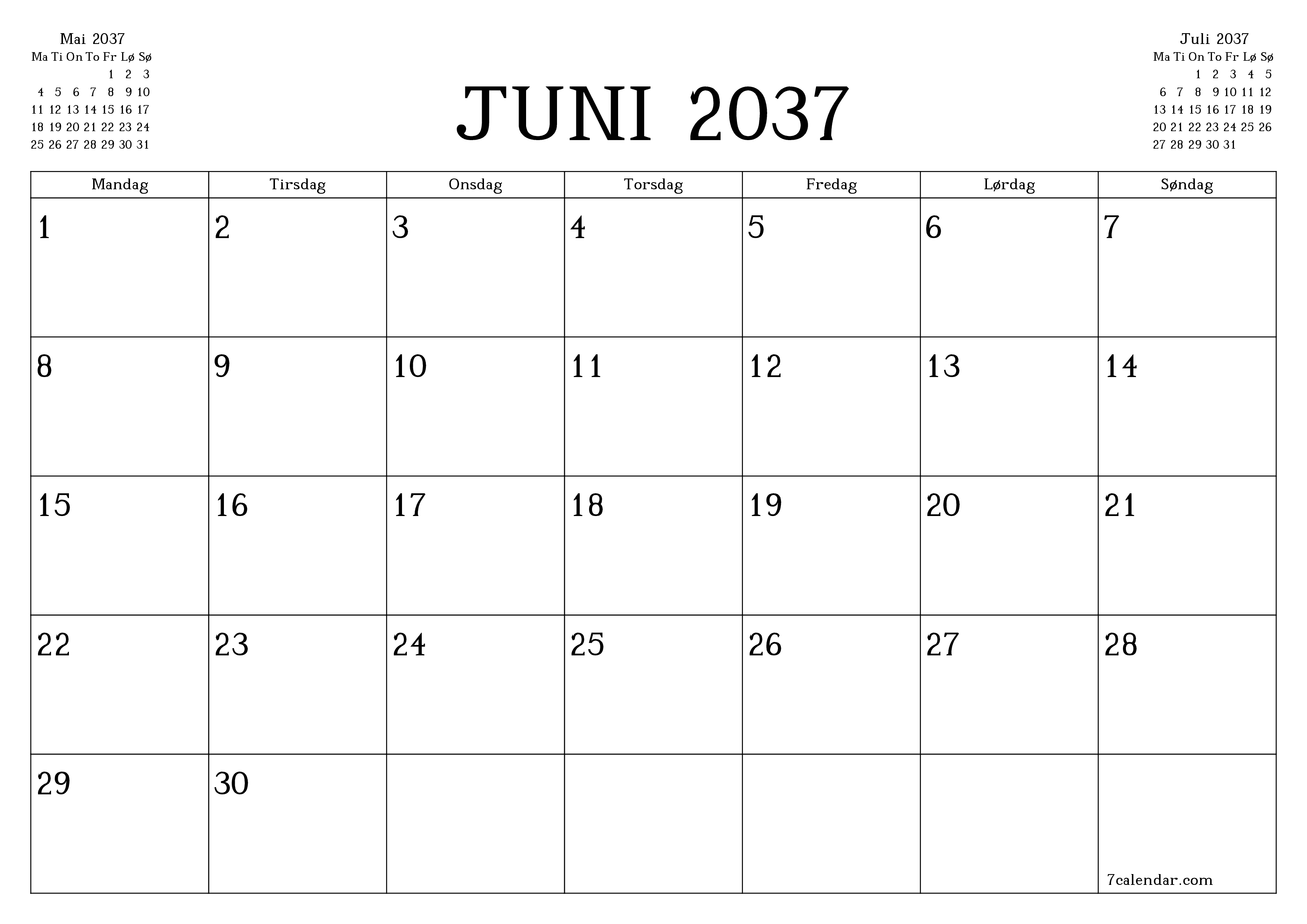 Tom månedlig planlegger for måned Juni 2037 med notater, lagre og skriv ut til PDF PNG Norwegian