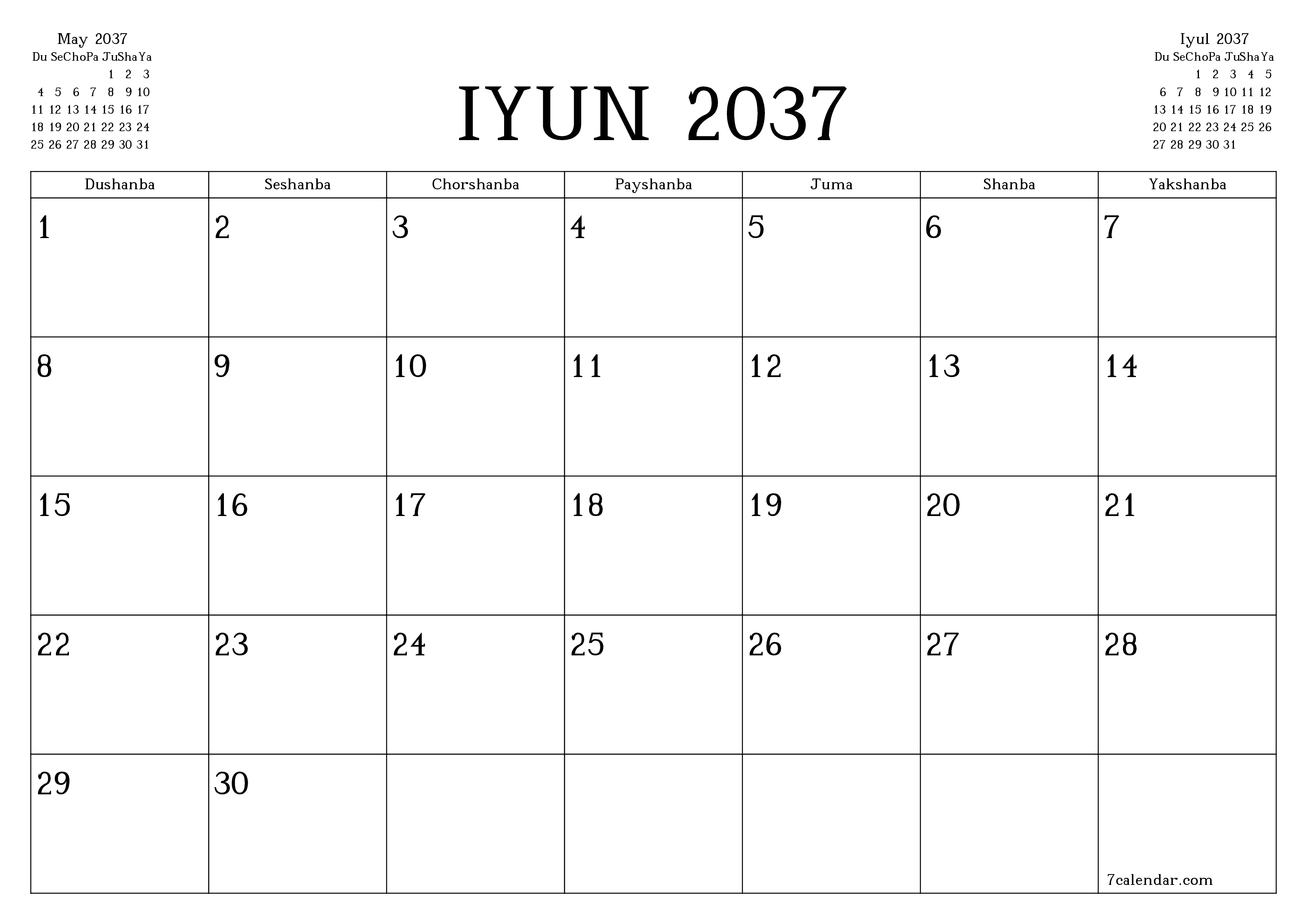 Iyun 2037 oylik oylik rejalashtiruvchini yozuvlar bilan bo'shatish, saqlash va PDF-ga chop etish PNG Uzbek
