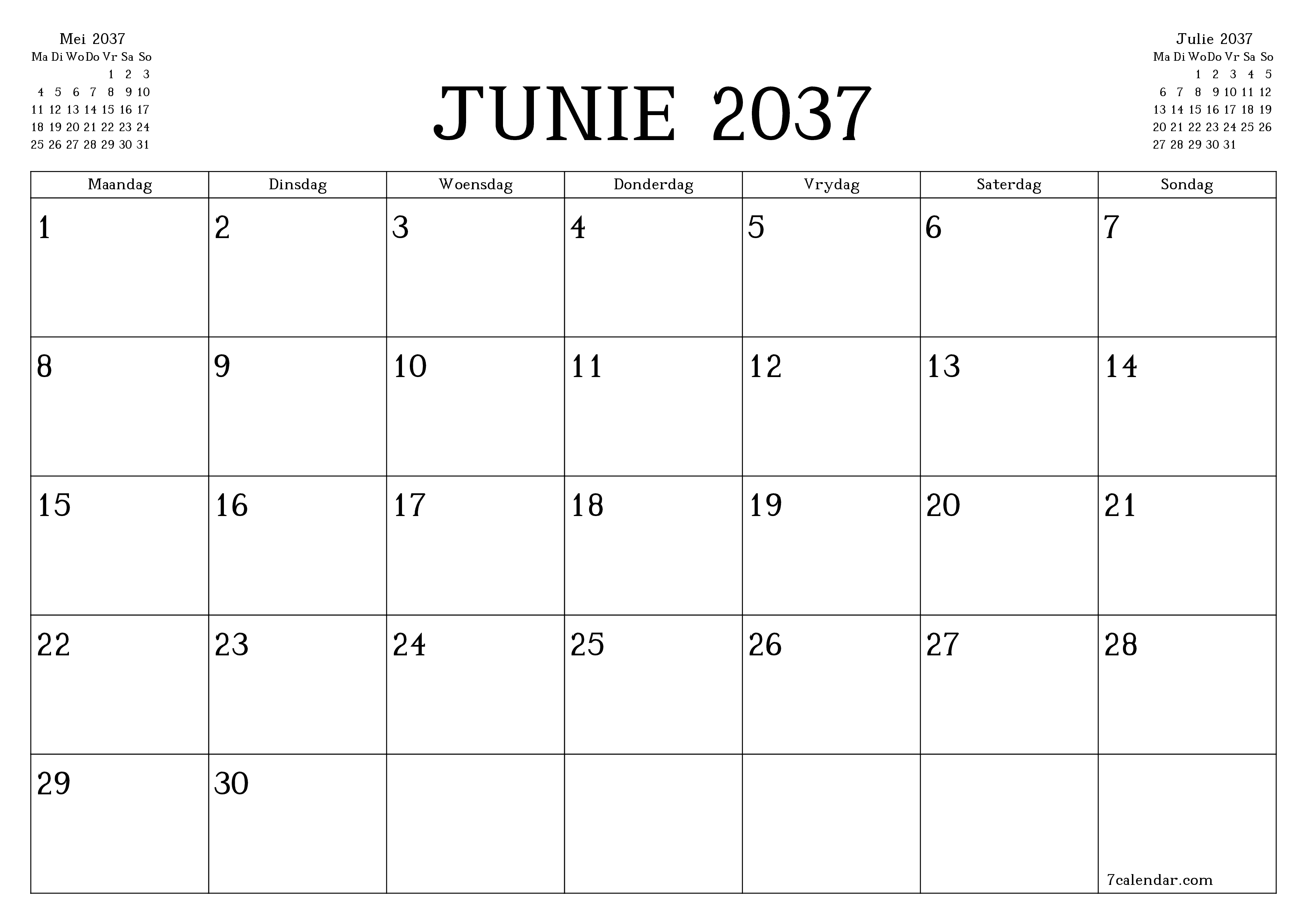 Leë maandelikse drukbare kalender en beplanner vir maand Junie 2037 met notas stoor en druk na PDF PNG Afrikaans