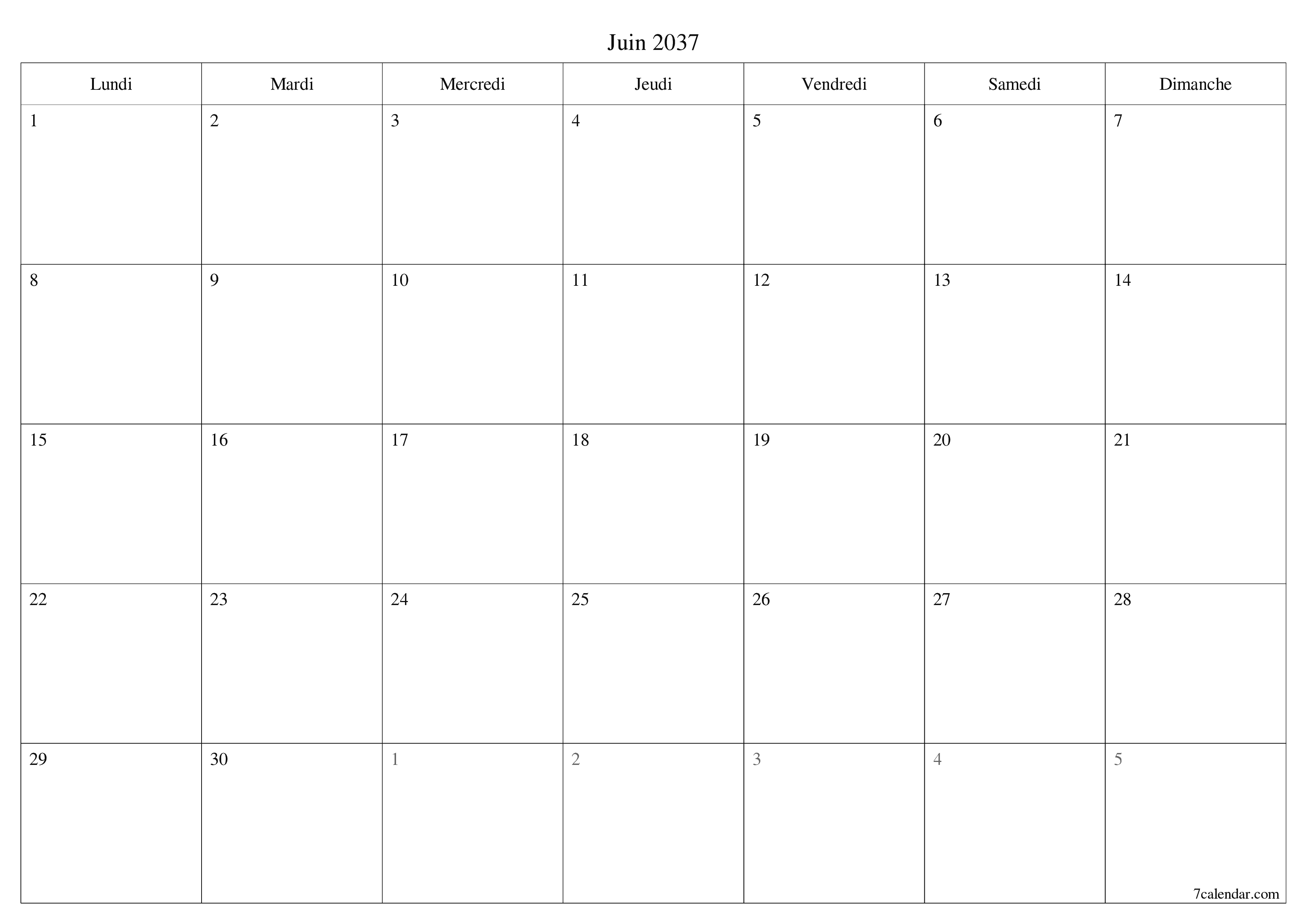 Agenda mensuel vide pour le mois Juin 2037 avec notes, enregistrez et imprimez au format PDF PNG French