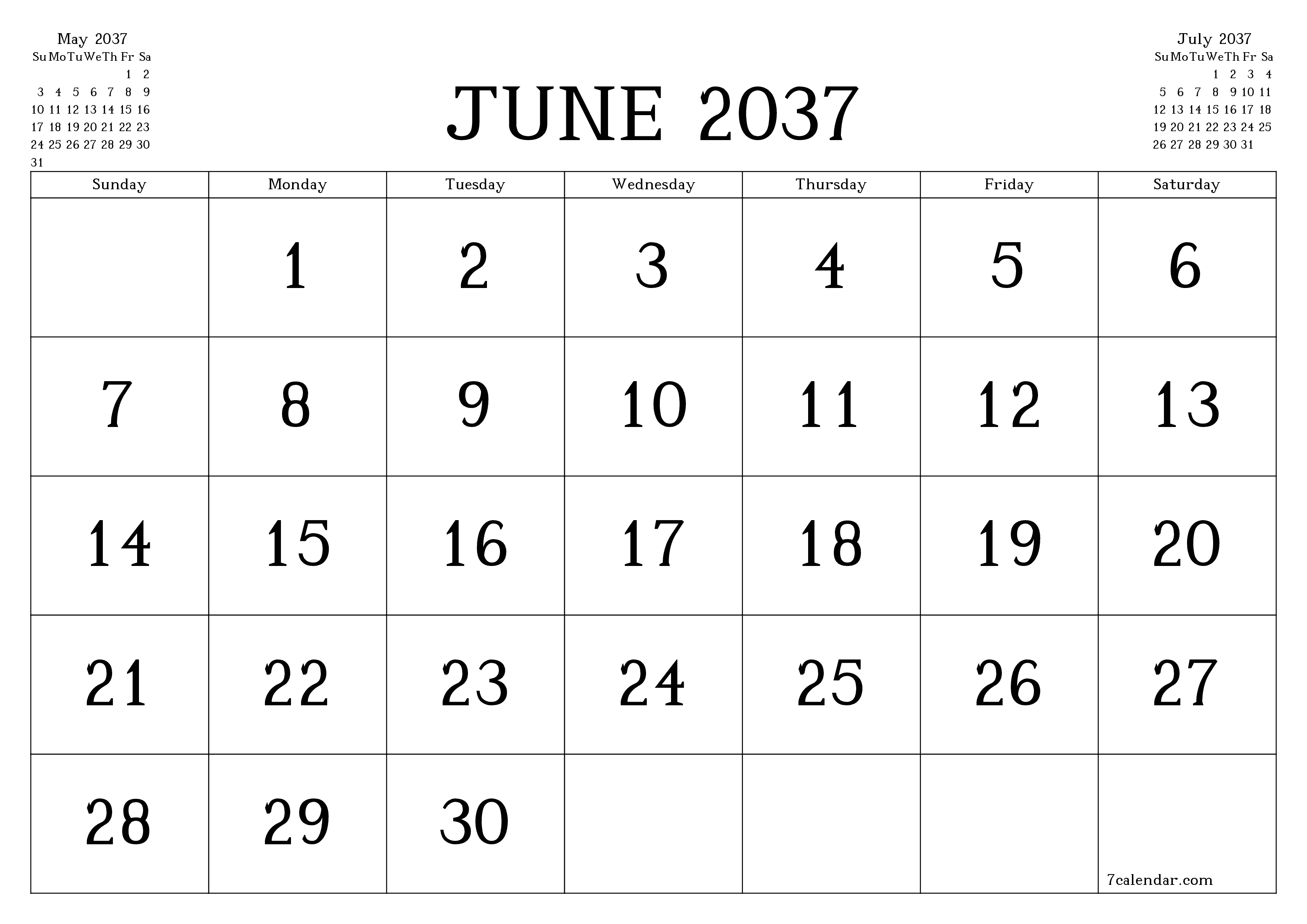 Blank calendar June 2037