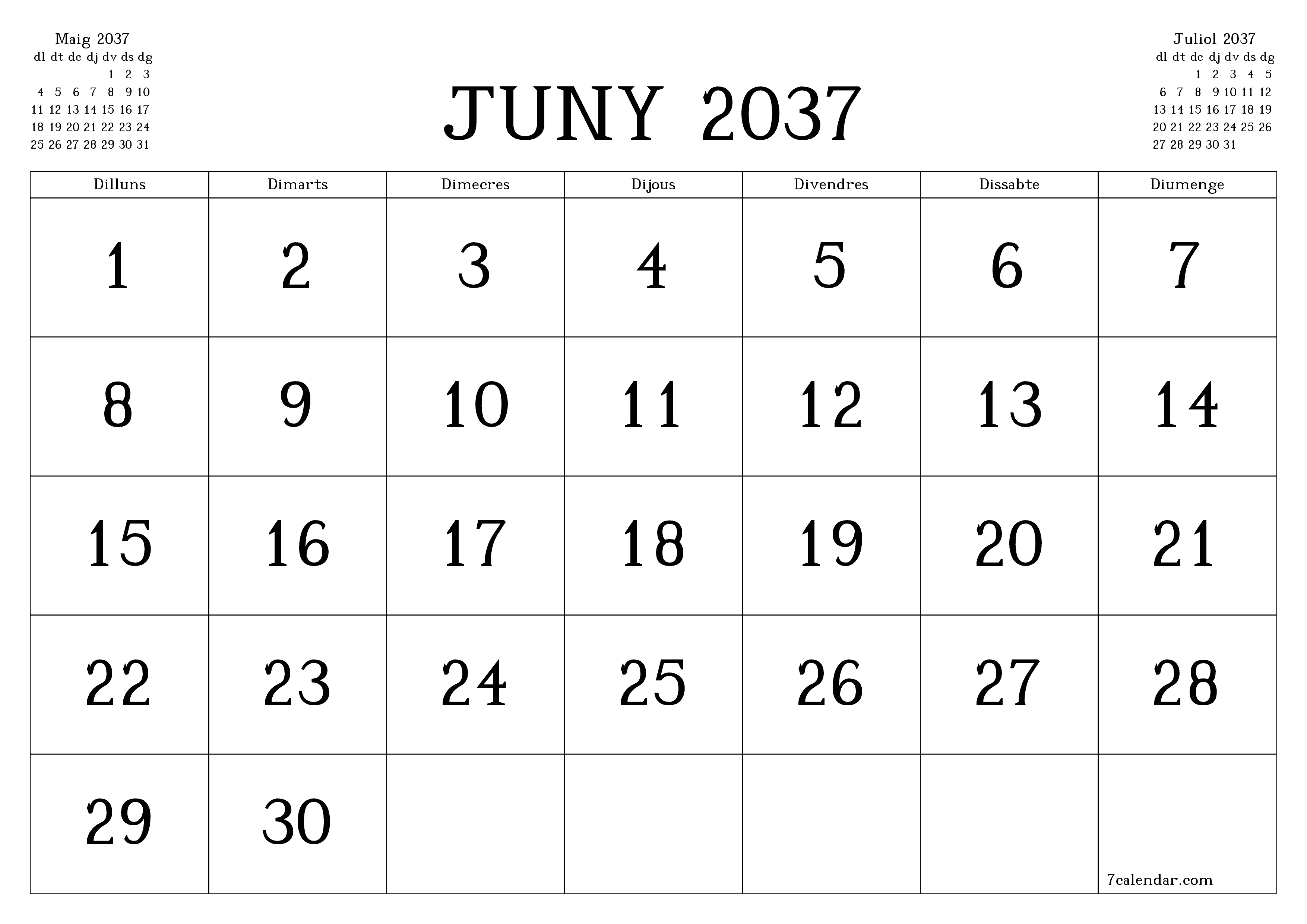 Planificador mensual buit del mes Juny 2037 amb notes, deseu-lo i imprimiu-lo en format PDF PNG Catalan