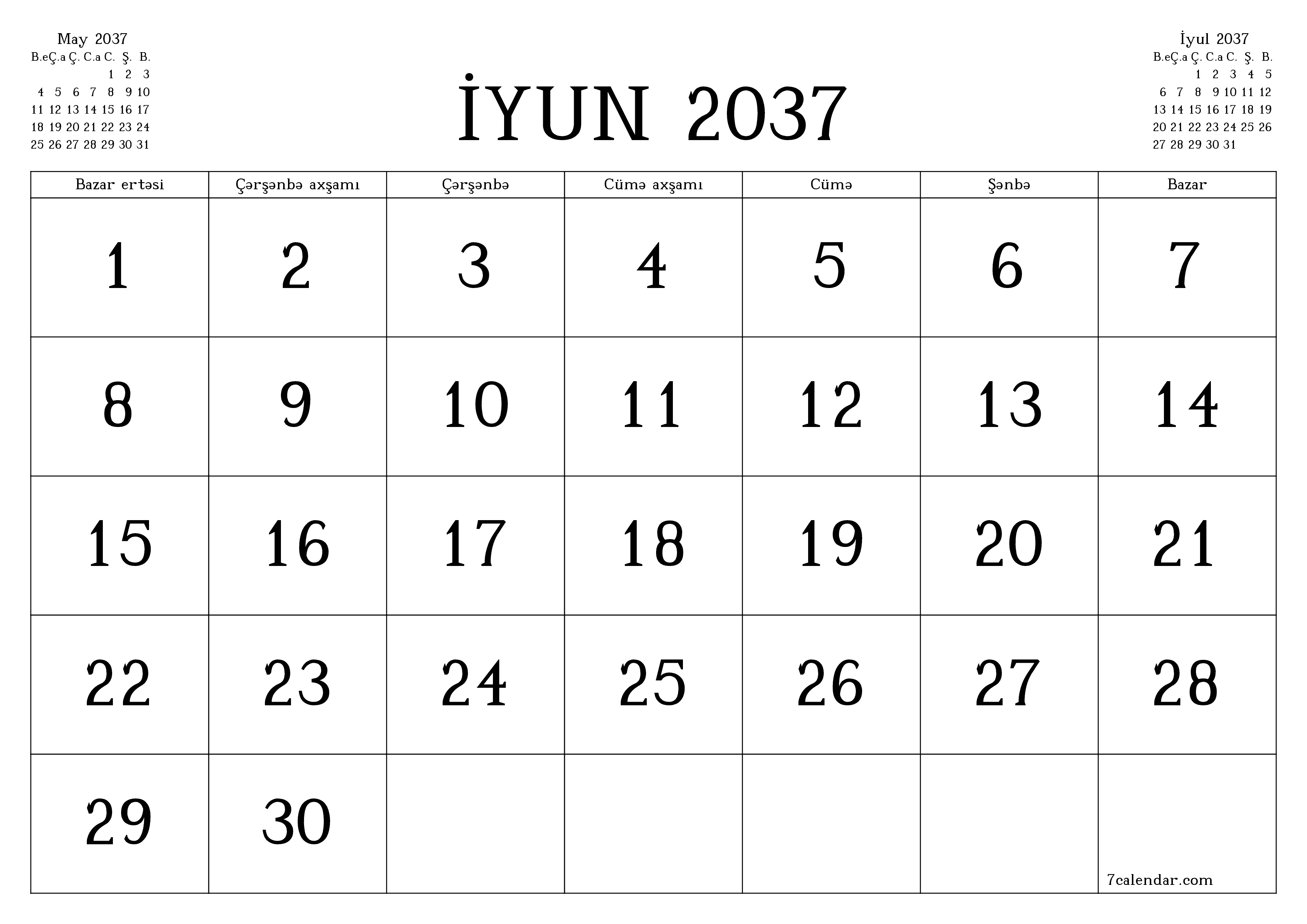İyun 2037 ayı üçün qeydlər ilə boş aylıq planlayıcı, qeyd edin və PDF-ə yazdırın PNG Azerbaijani