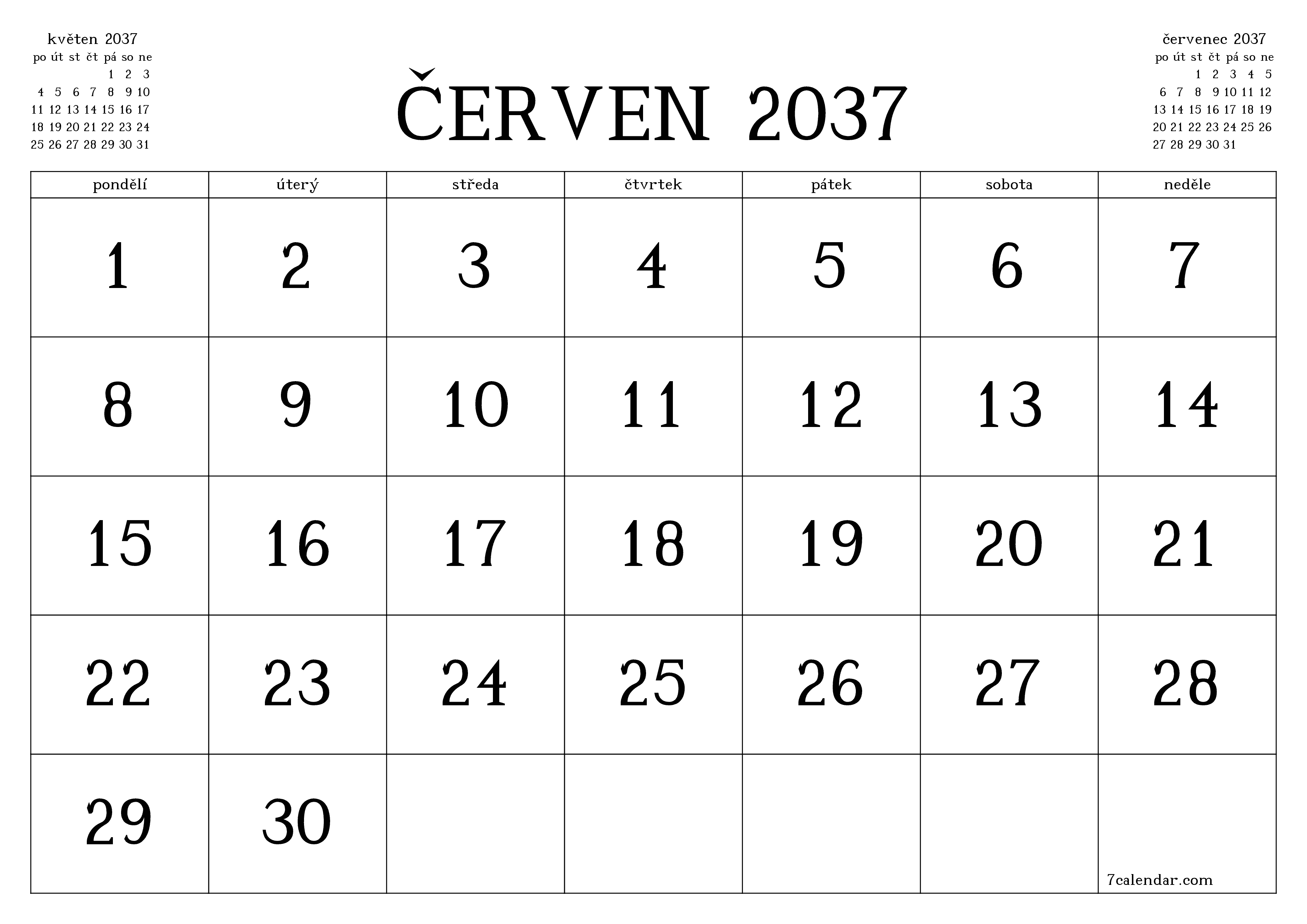 Vyprázdnit měsíční plánovač na měsíc červen 2037 s poznámkami, uložit a vytisknout do PDF PNG Czech