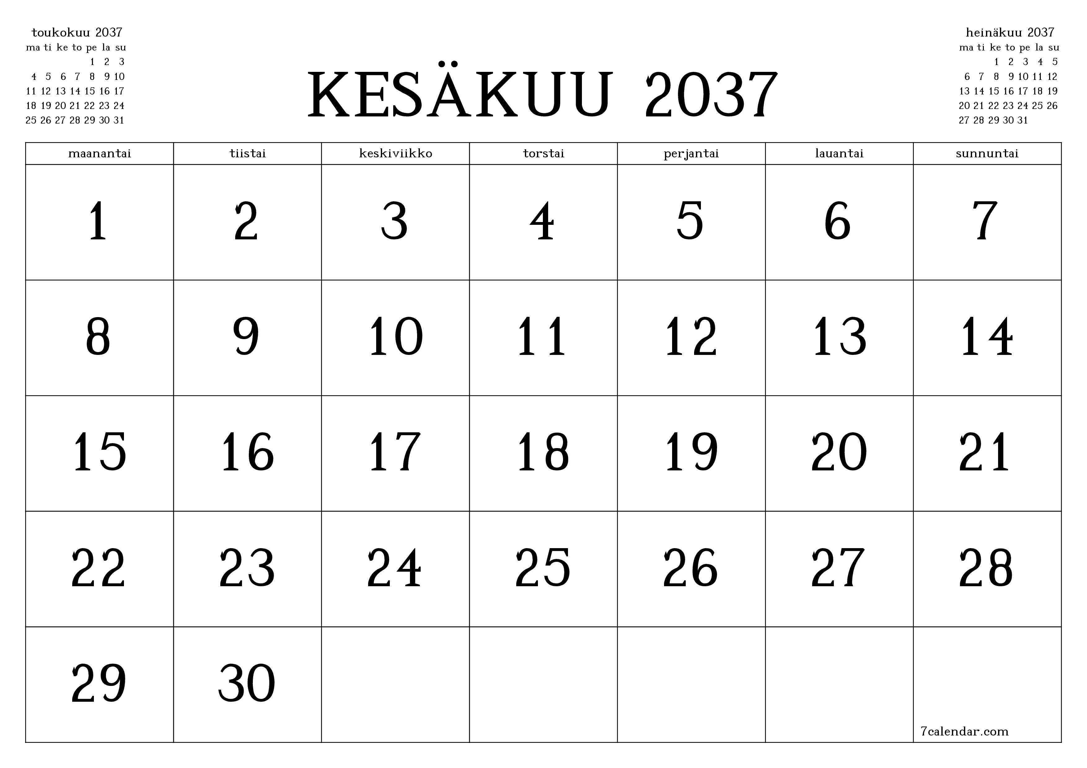 Tyhjennä kuukausittainen suunnittelija kuukaudelle Kesäkuu 2037 muistiinpanoilla, tallenna ja tulosta PDF-muotoon PNG Finnish
