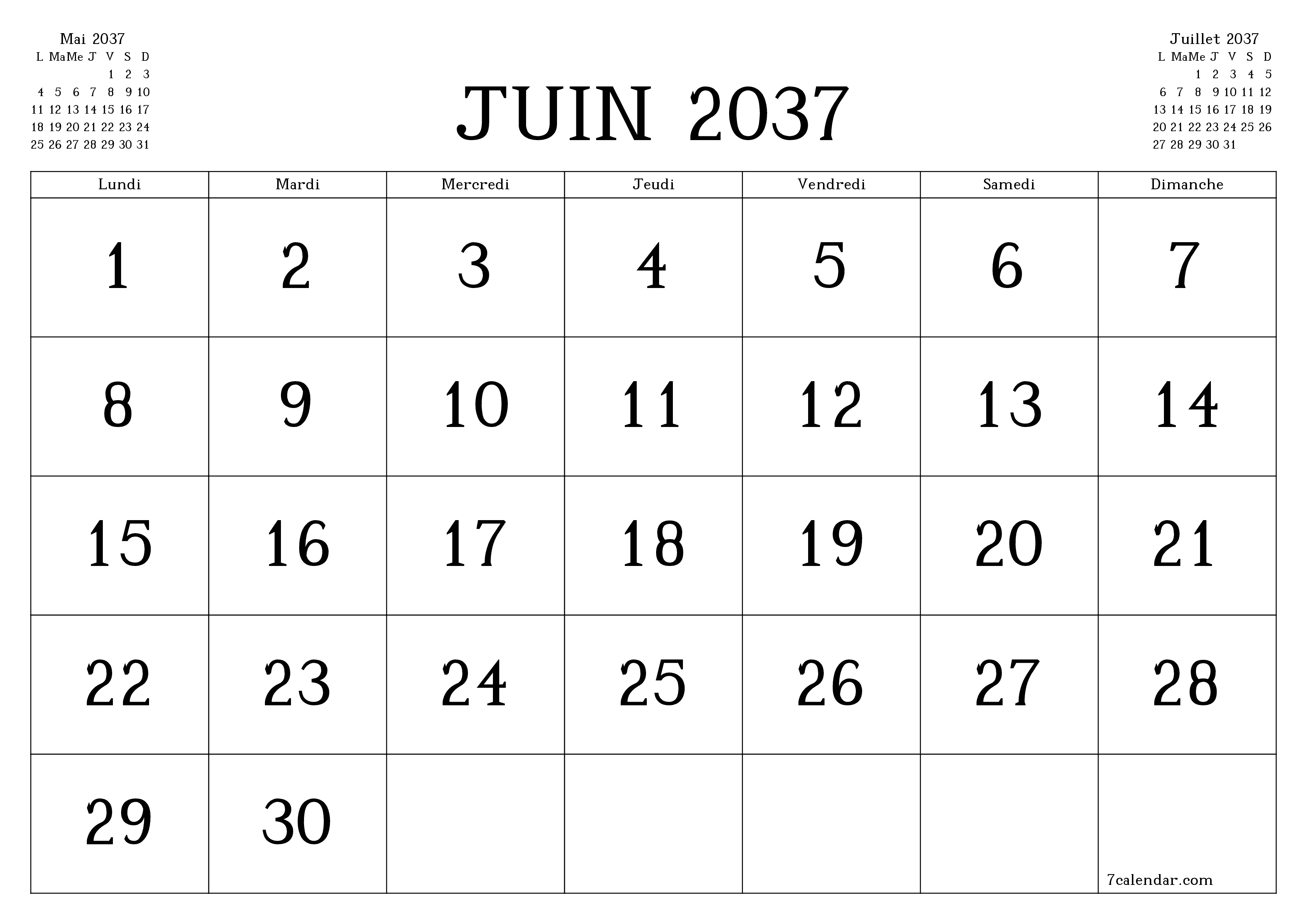 Agenda mensuel vide pour le mois Juin 2037 avec notes, enregistrez et imprimez au format PDF PNG French