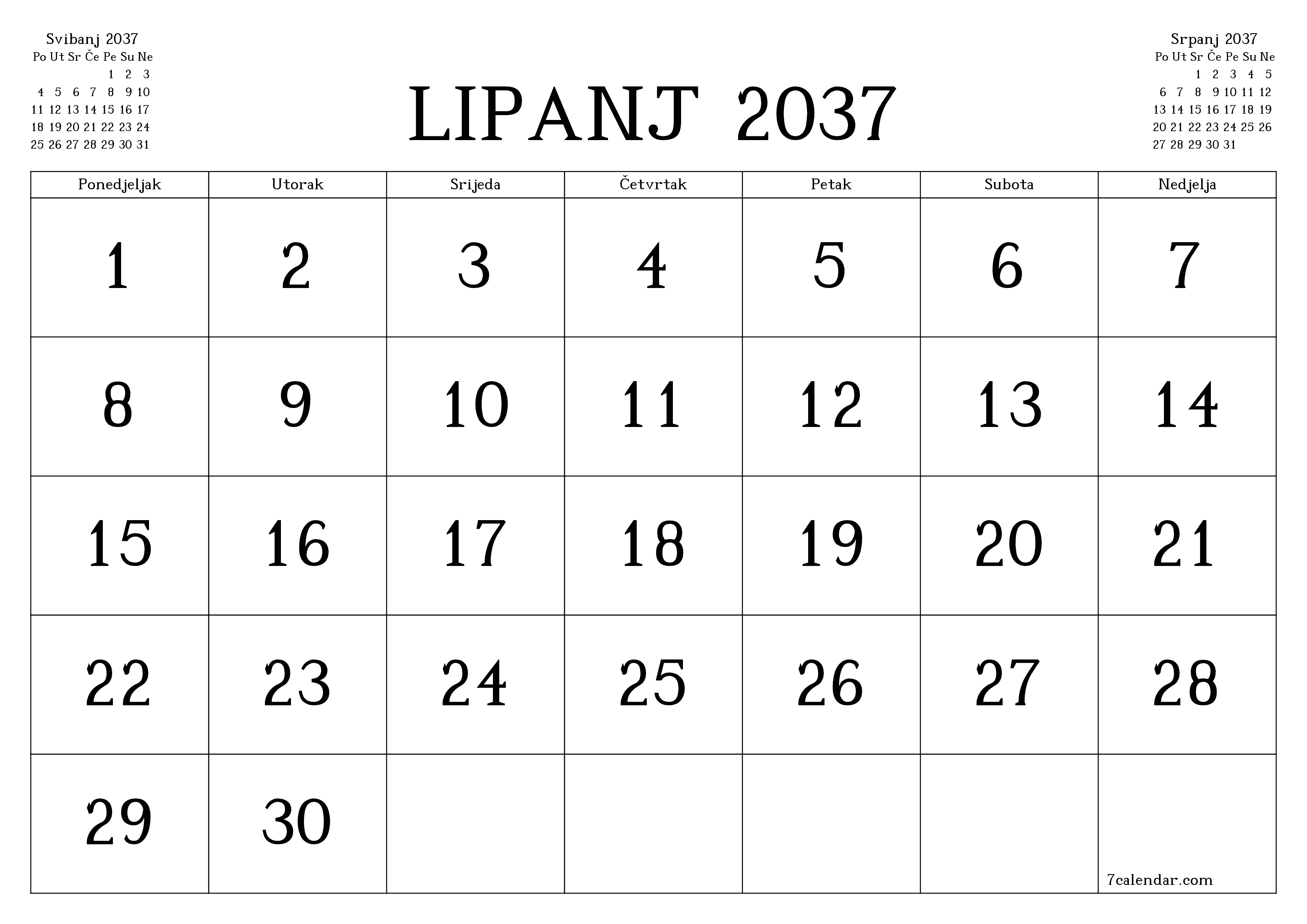 Ispraznite mjesečni planer za mjesec Lipanj 2037 s bilješkama, spremite i ispišite u PDF PNG Croatian