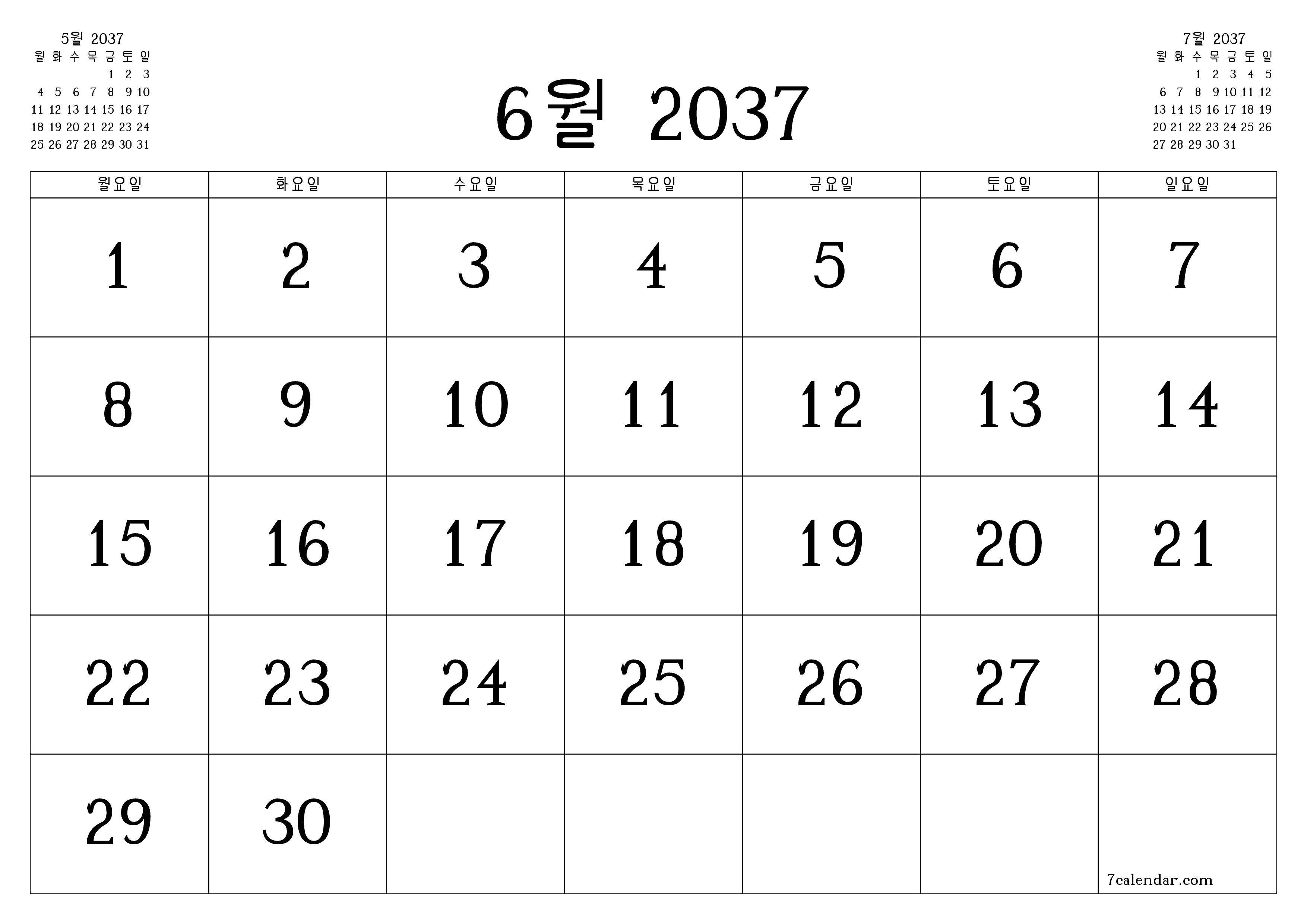 메모가있는 6월 2037 월의 월간 플래너 비우기, PDF PNG Korean-7calendar.com으로 저장 및 인쇄