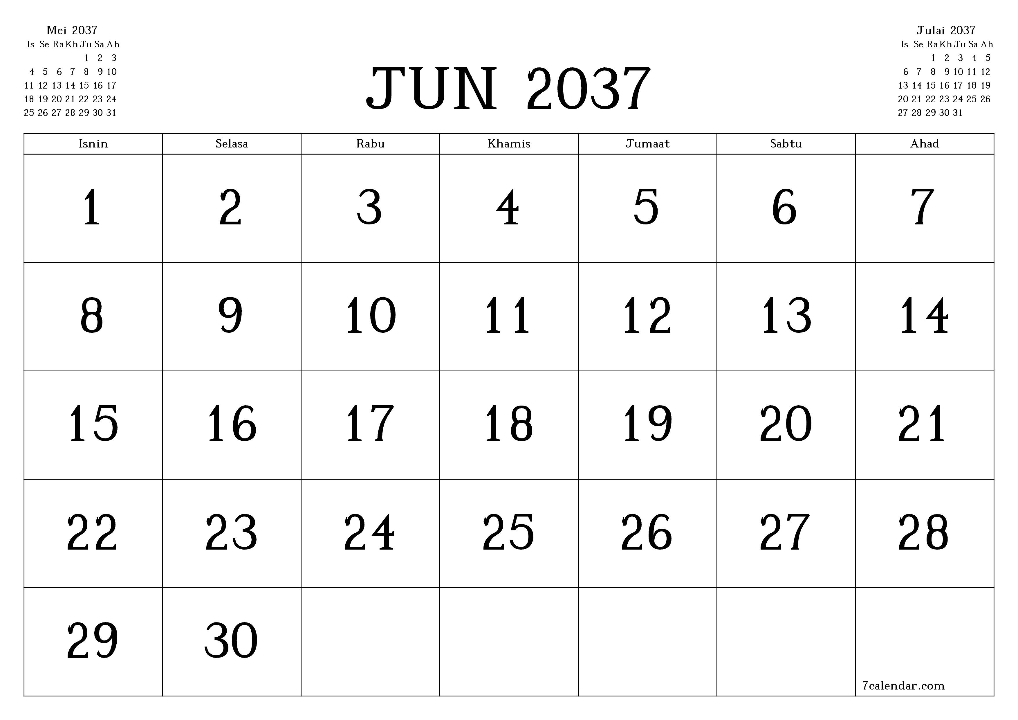 Perancang bulanan kosong untuk bulan Jun 2037 dengan nota, simpan dan cetak ke PDF PNG Malay