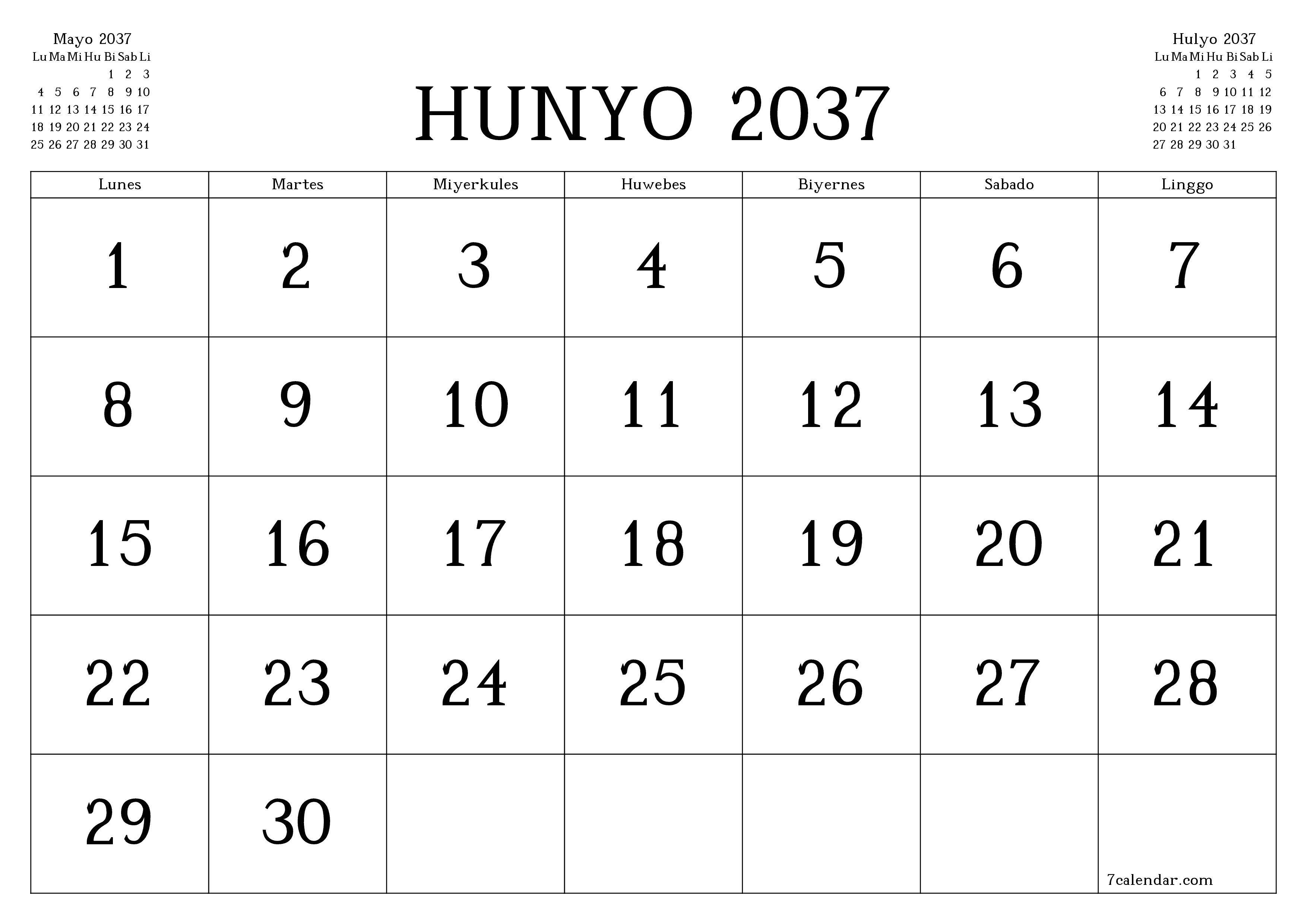 Walang laman na buwanang tagaplano para sa buwan na Hunyo 2037 na may mga tala, i-save at i-print sa PDF PNG Filipino