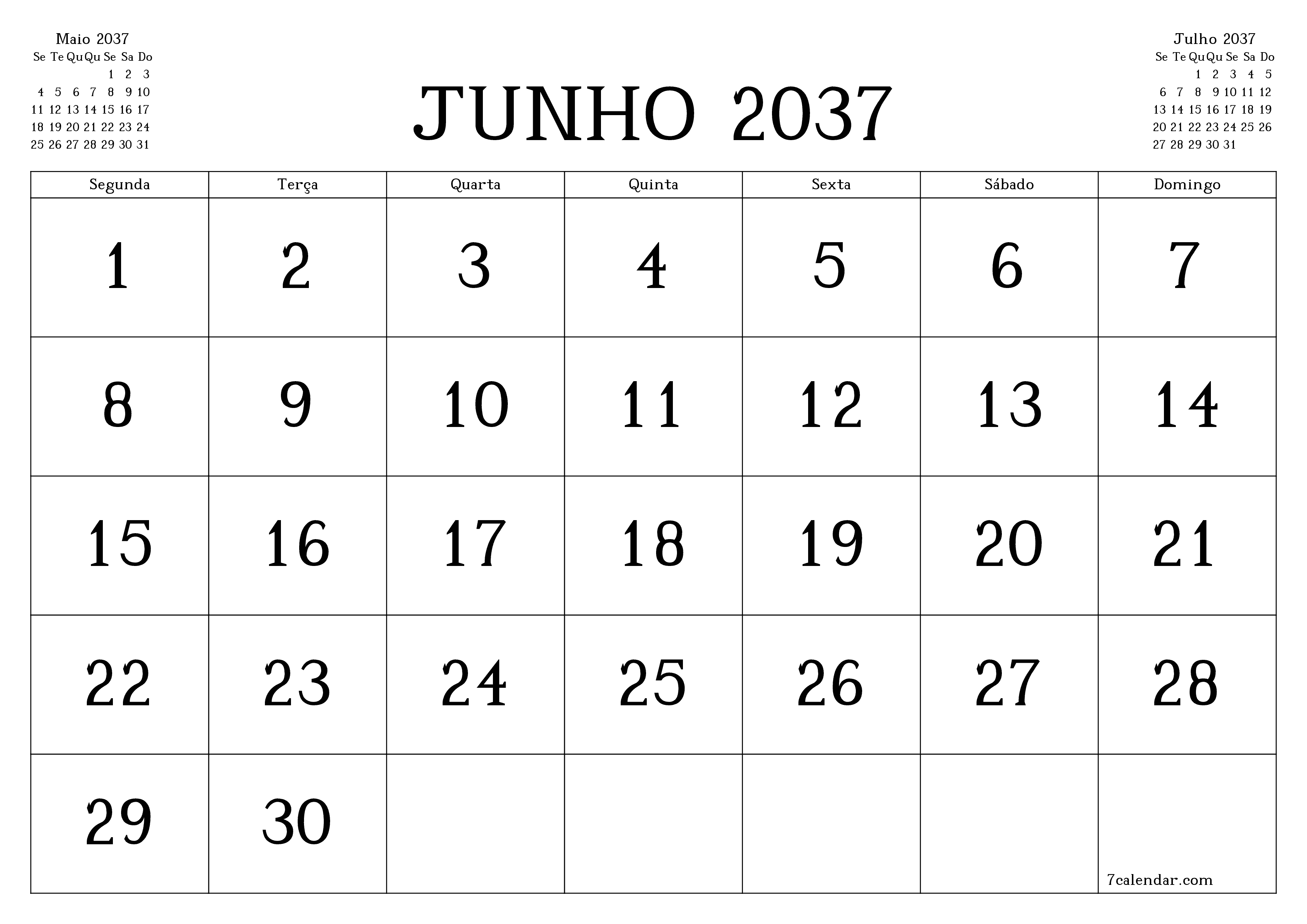 Esvazie o planejador mensal para o mês Junho 2037 com notas, salve e imprima em PDF PNG Portuguese