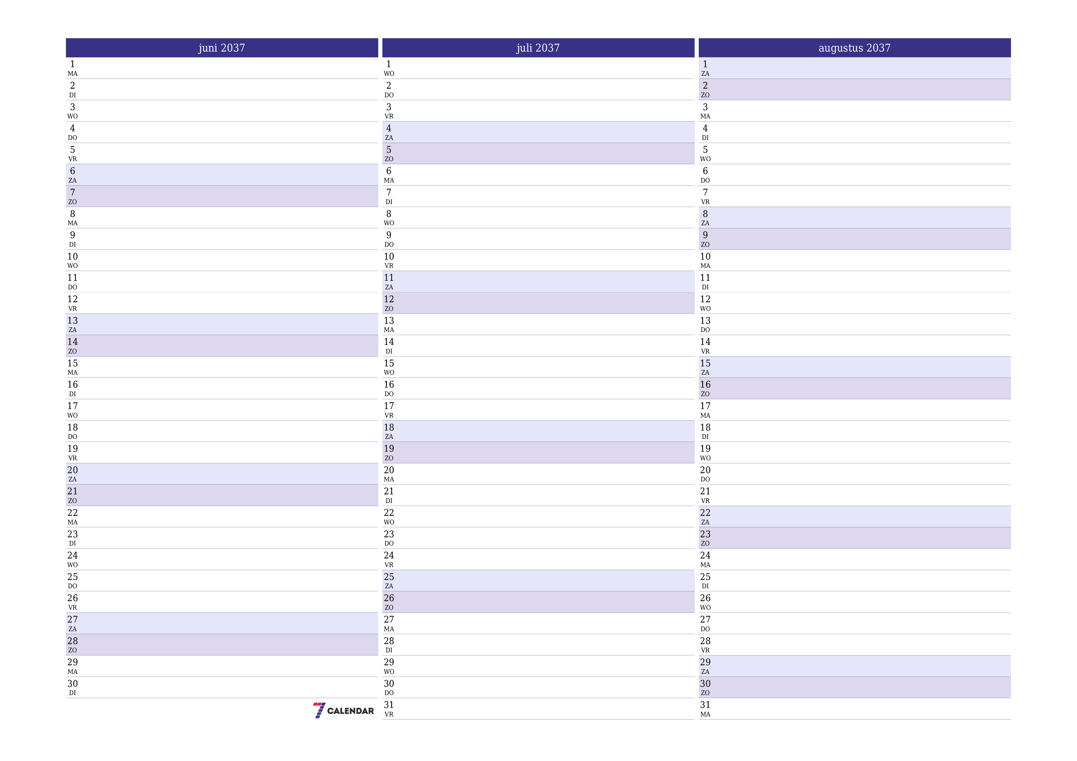 Lege maandplanner voor maand juni 2037 met notities, opslaan en afdrukken naar pdf PNG Dutch