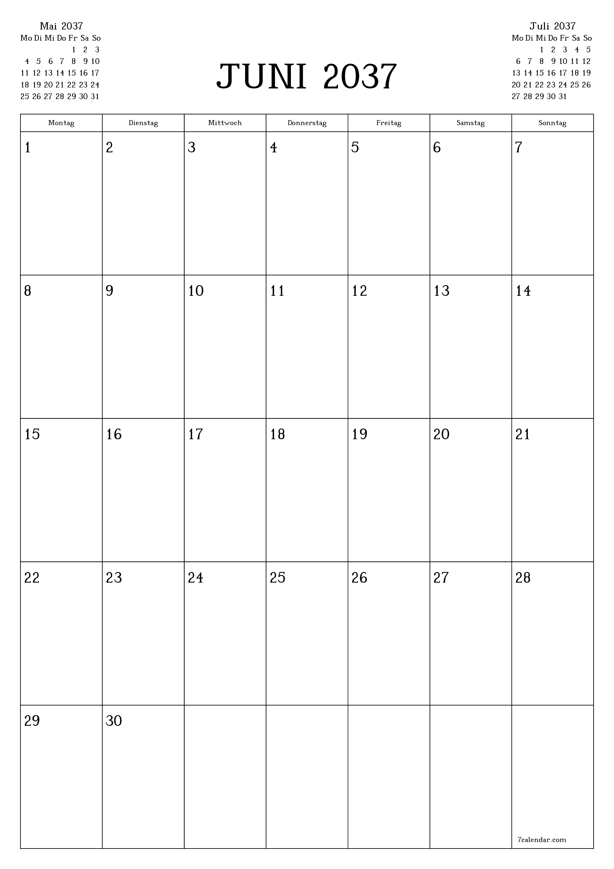  zum Ausdrucken Wandkalender vorlage kostenloser vertikal Monatlich Planer Kalender Juni (Jun) 2037