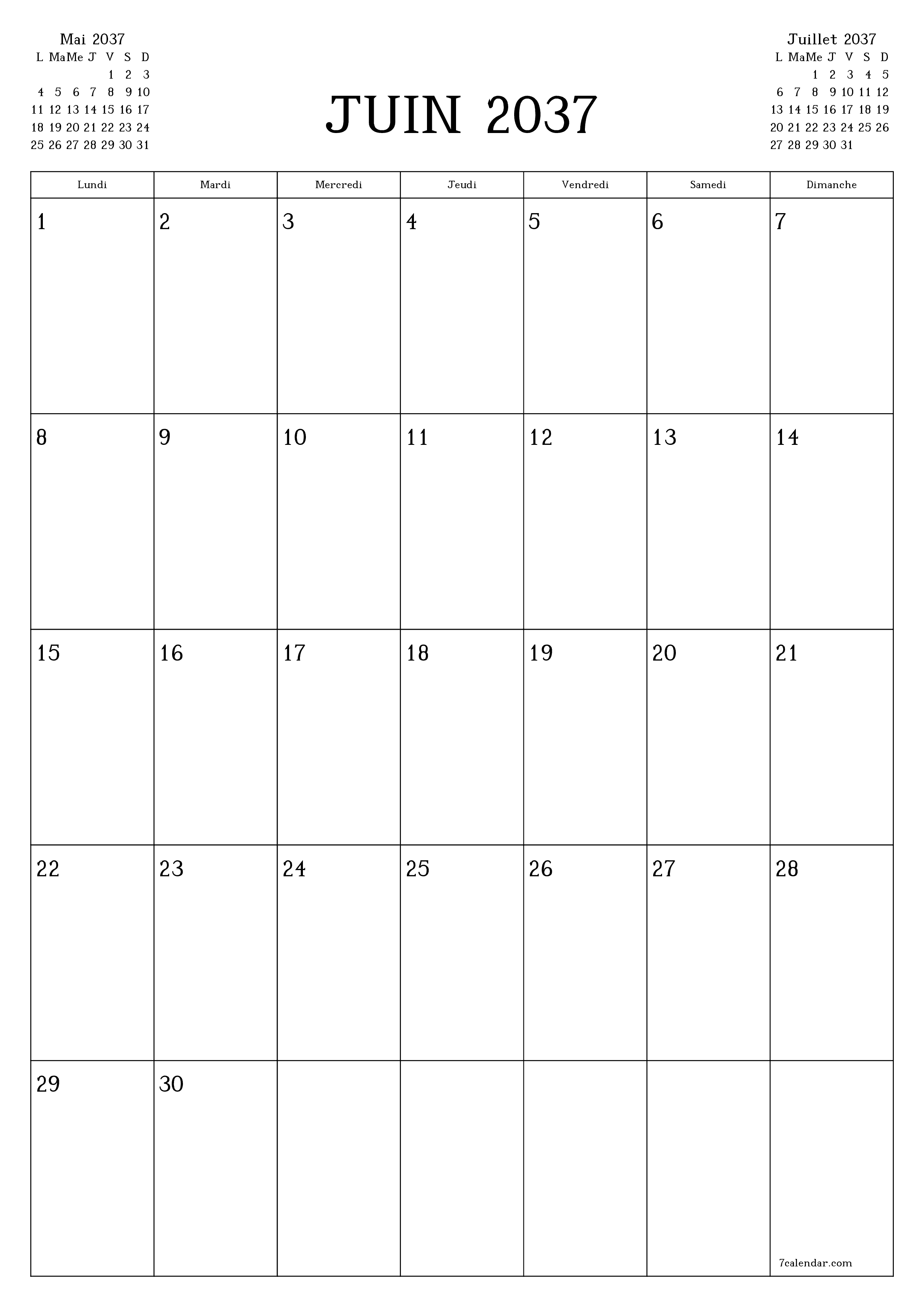  imprimable mural modèle de gratuitverticale Mensuel planificateur calendrier Juin (Jui) 2037