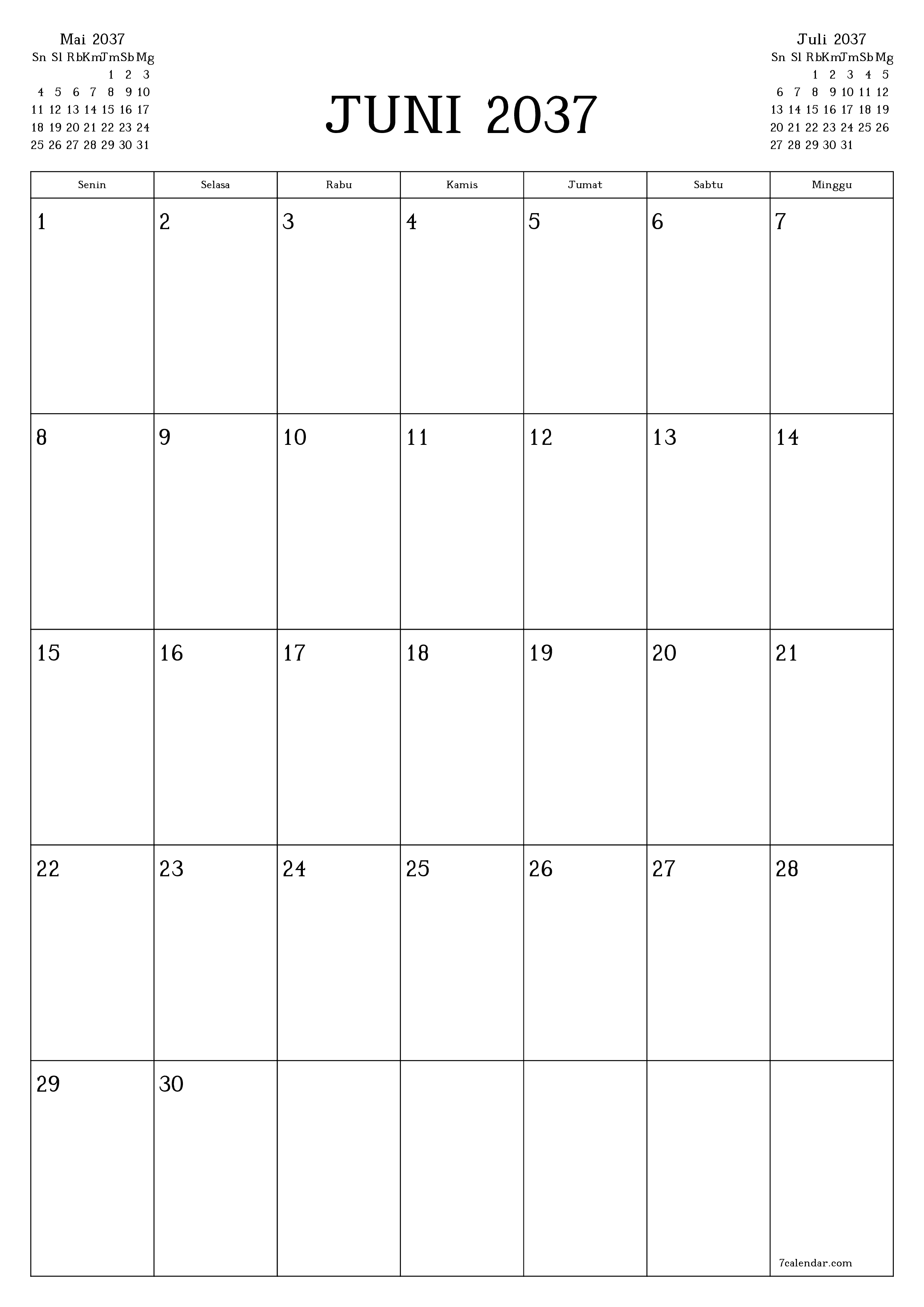  yang dapat dicetak dinding templat gratisvertikal Bulanan perencana kalender Juni (Jun) 2037