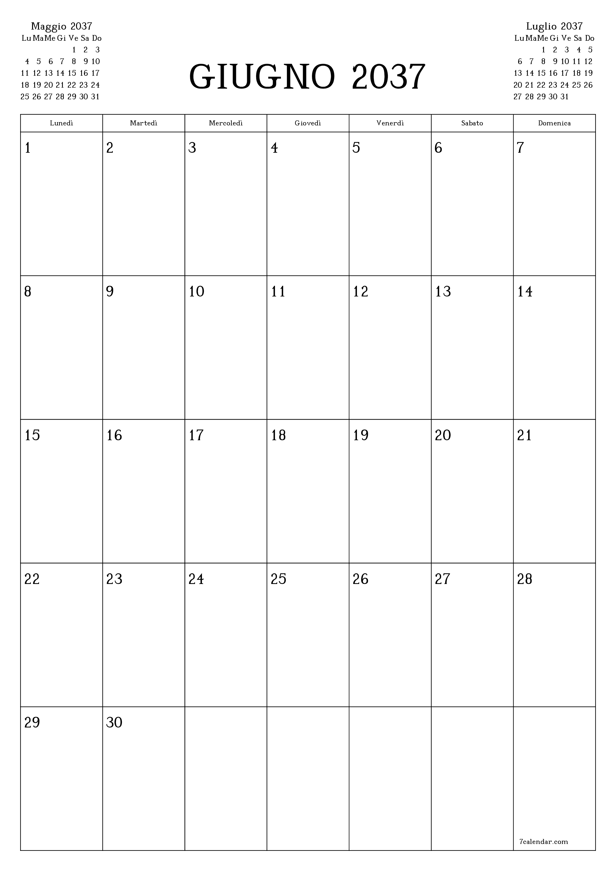 Pianificatore mensile vuoto per il mese Giugno 2037 con note, salva e stampa in PDF PNG Italian