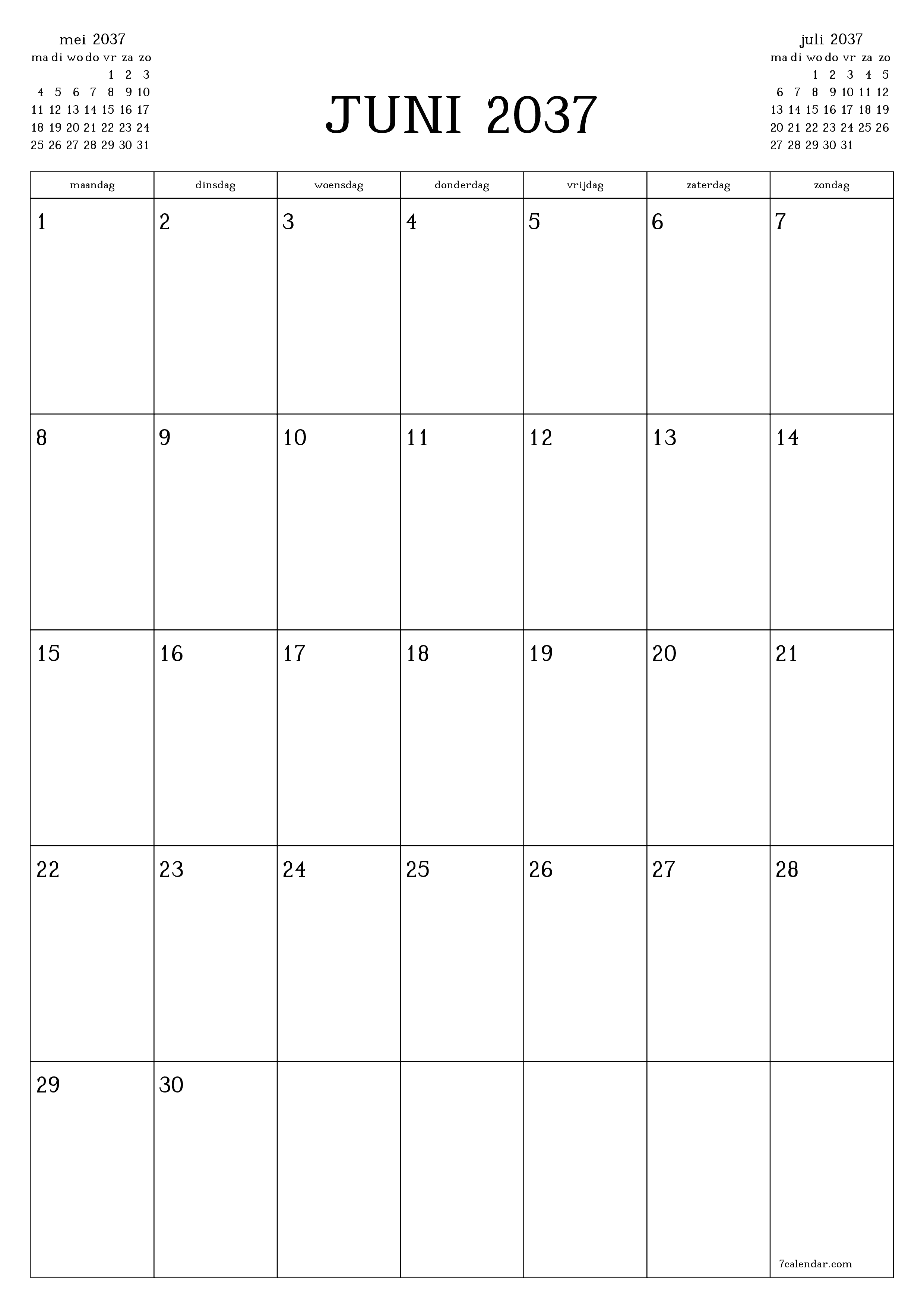 afdrukbare muur sjabloon gratis verticaal Maandelijks planner kalender juni (jun) 2037
