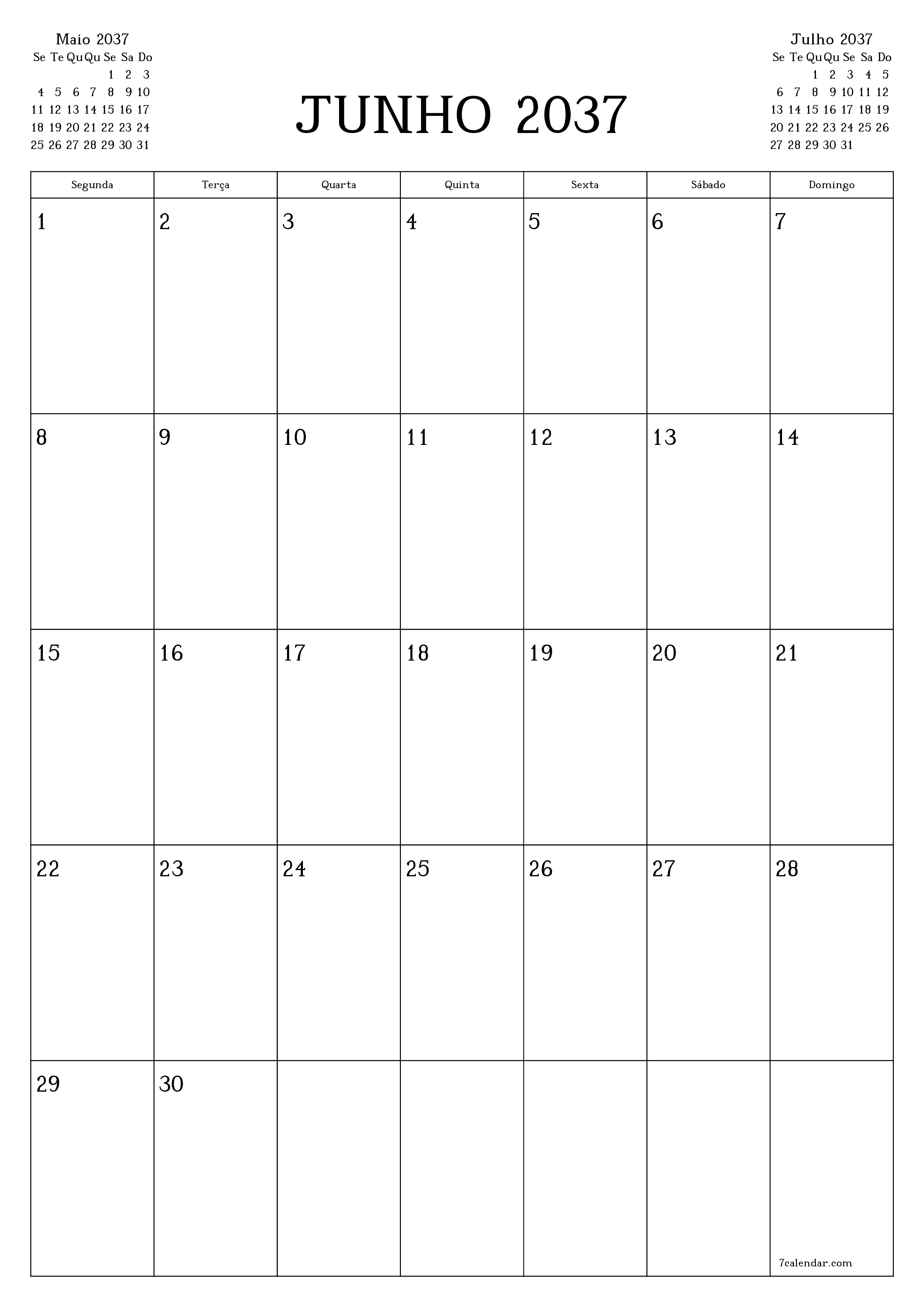  para impressão de parede modelo de grátisvertical Mensal planejador calendário Junho (Jun) 2037