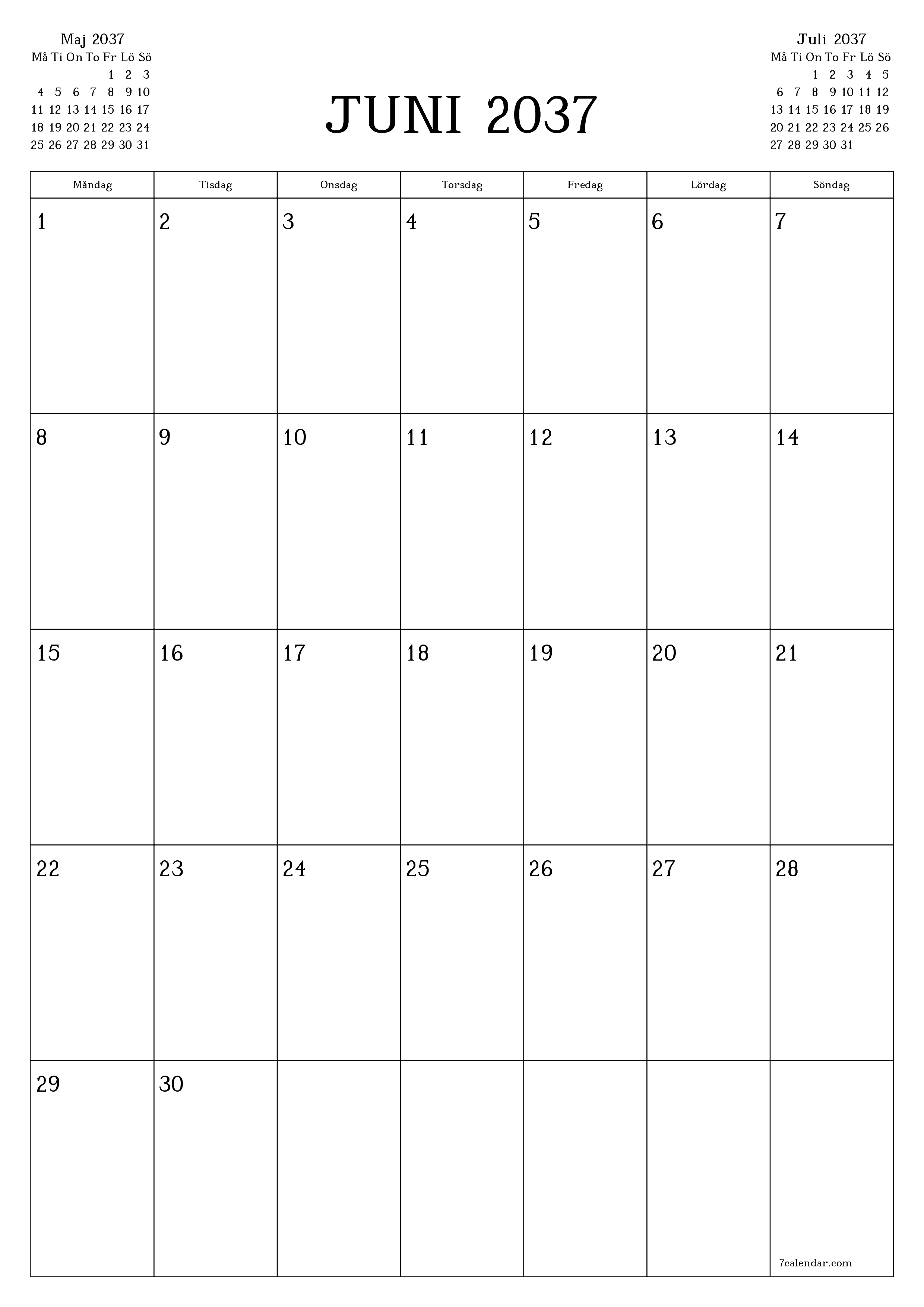 utskrivbar vägg mall gratis vertikal Månatlig planerare kalender Juni (Jun) 2037