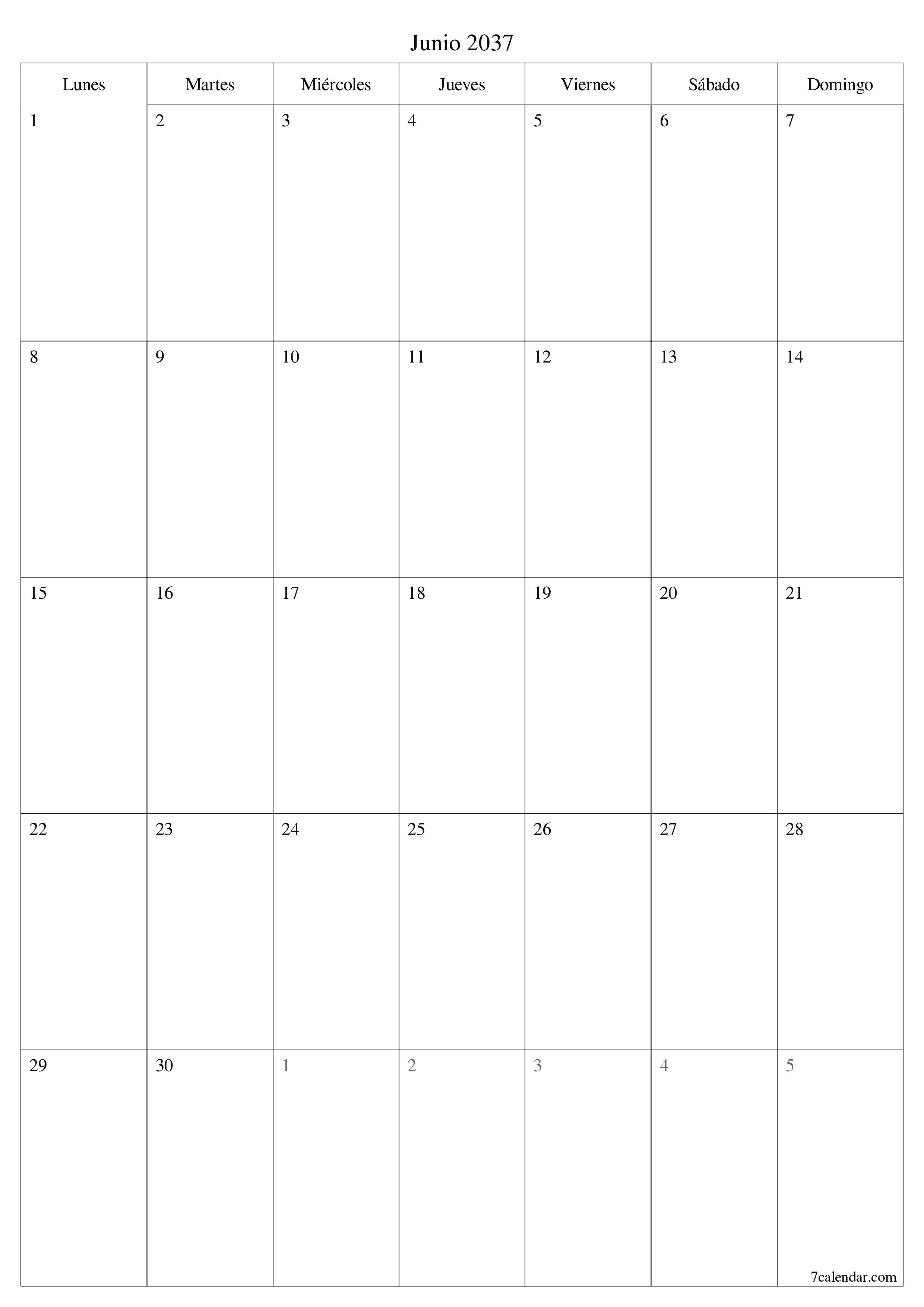  imprimible de pared plantilla de gratisvertical Mensual planificador calendario Junio (Jun) 2037