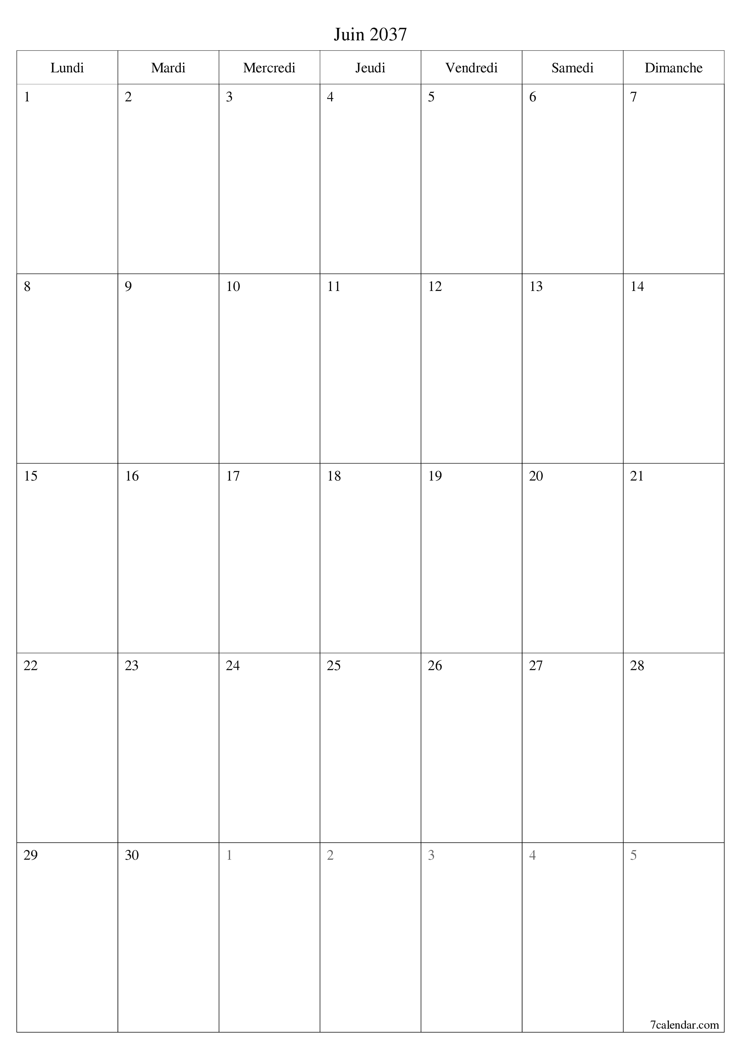 imprimable mural modèle de gratuitverticale Mensuel planificateur calendrier Juin (Jui) 2037