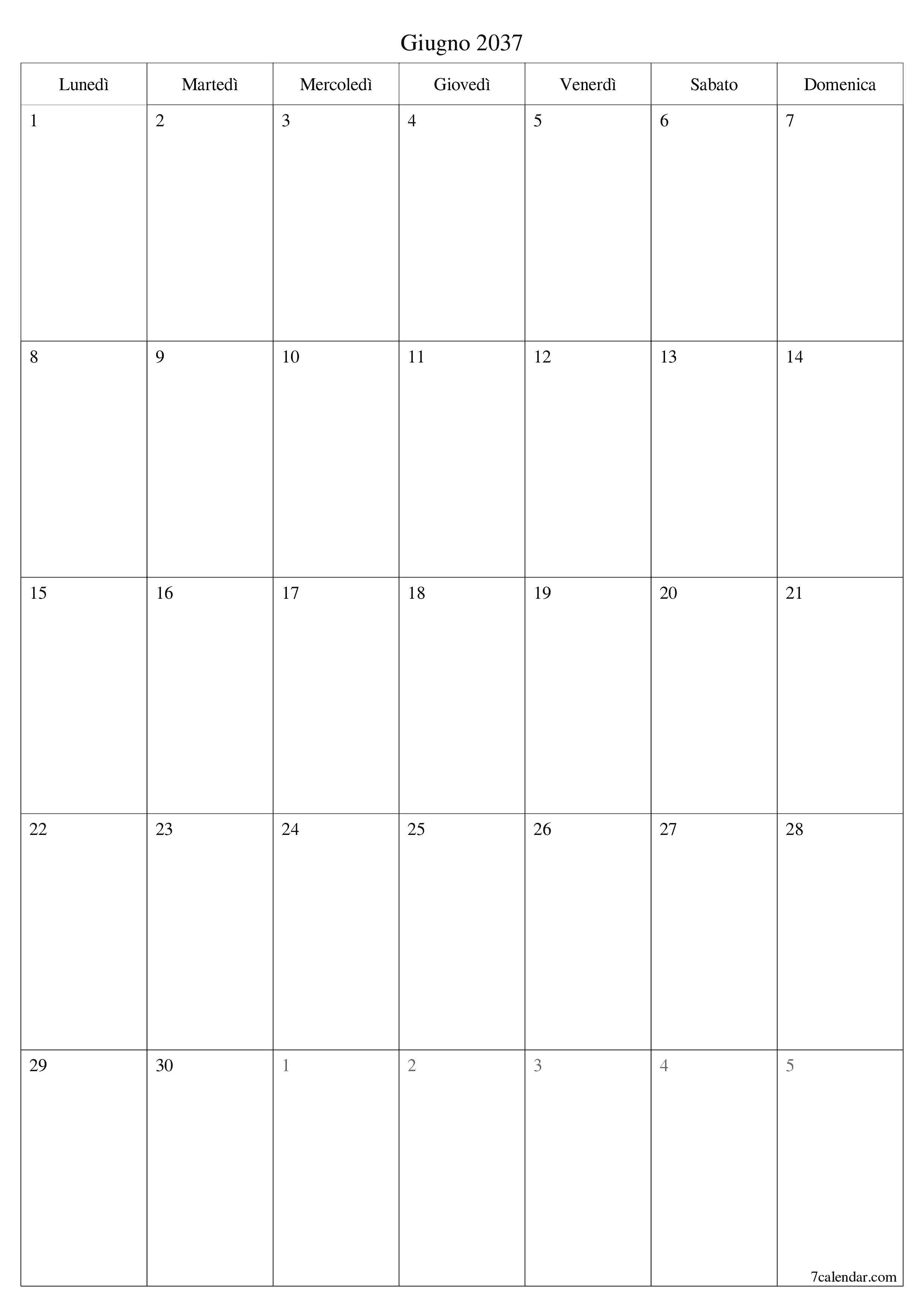 Pianificatore mensile vuoto per il mese Giugno 2037 con note, salva e stampa in PDF PNG Italian