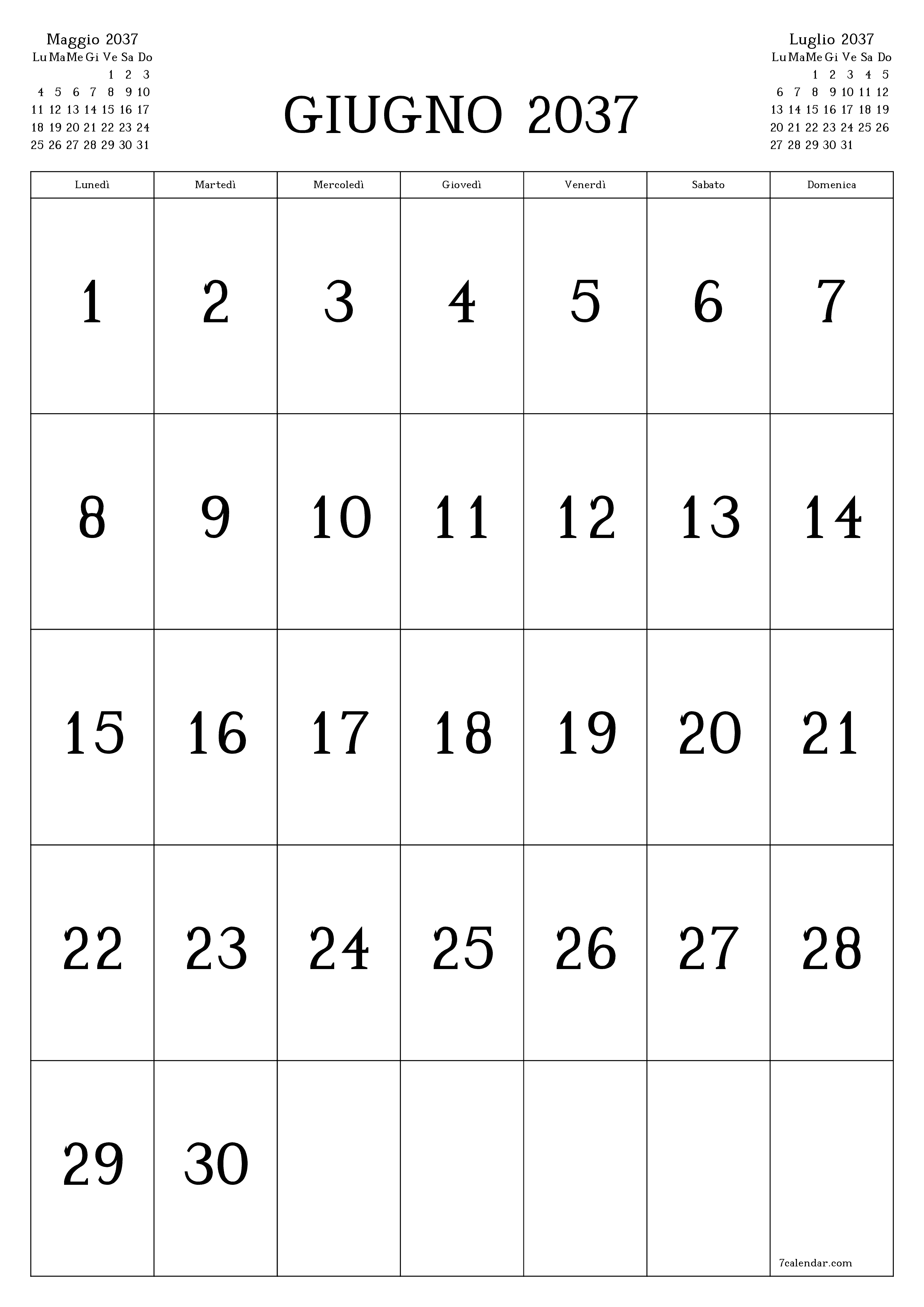 Pianificatore mensile vuoto per il mese Giugno 2037 con note, salva e stampa in PDF PNG Italian