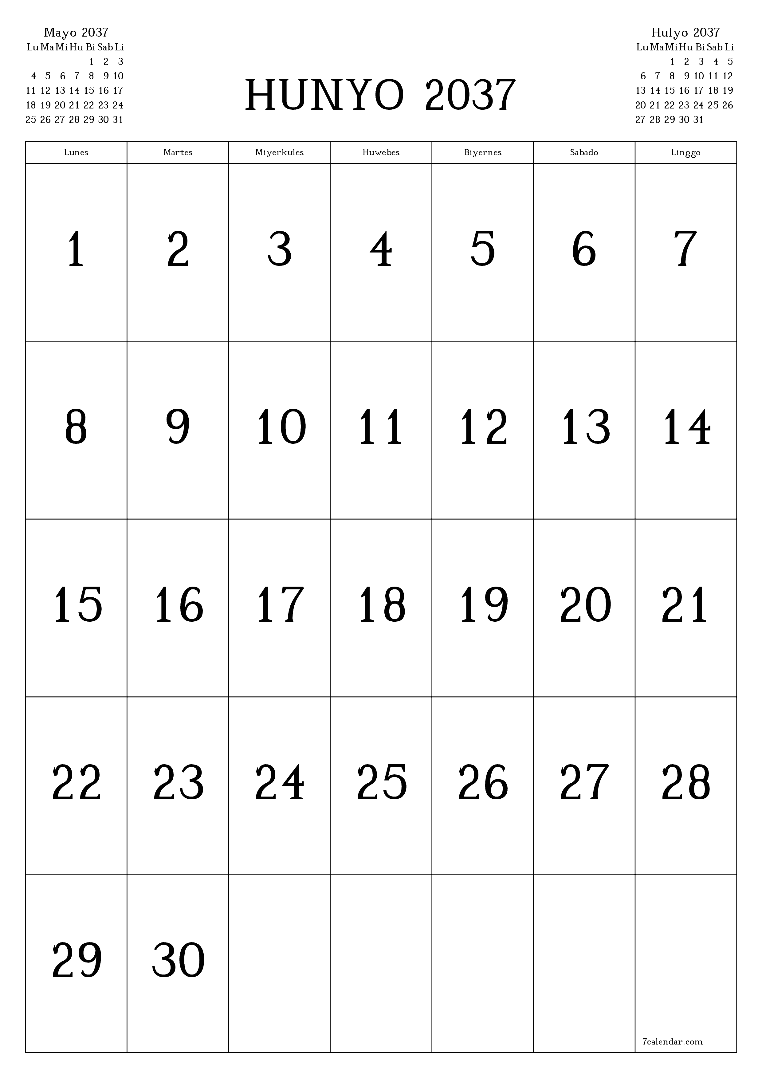 Walang laman na buwanang tagaplano para sa buwan na Hunyo 2037 na may mga tala, i-save at i-print sa PDF PNG Filipino