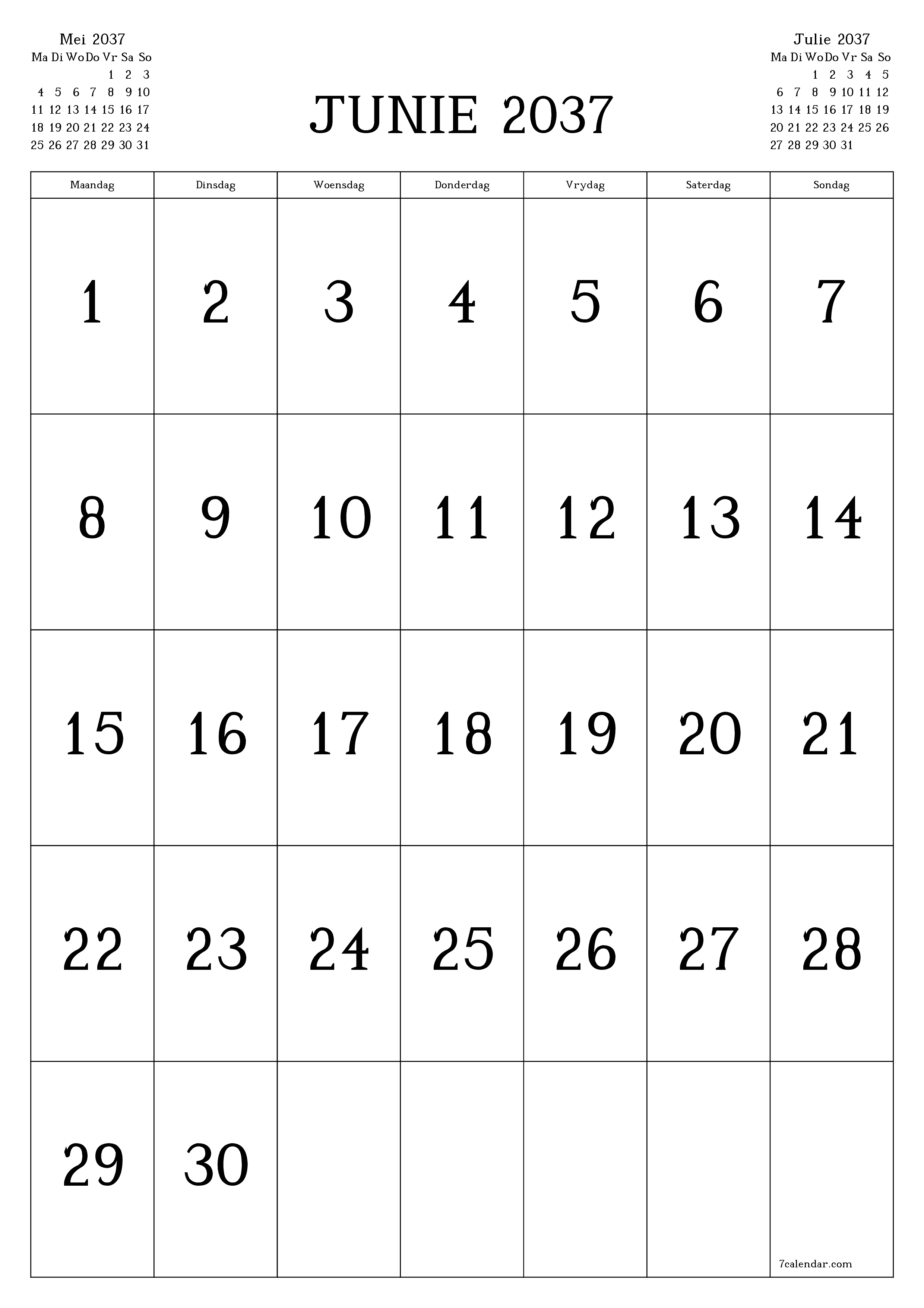 drukbare muur template gratis vertikaal Maandeliks kalender Junie (Jun) 2037