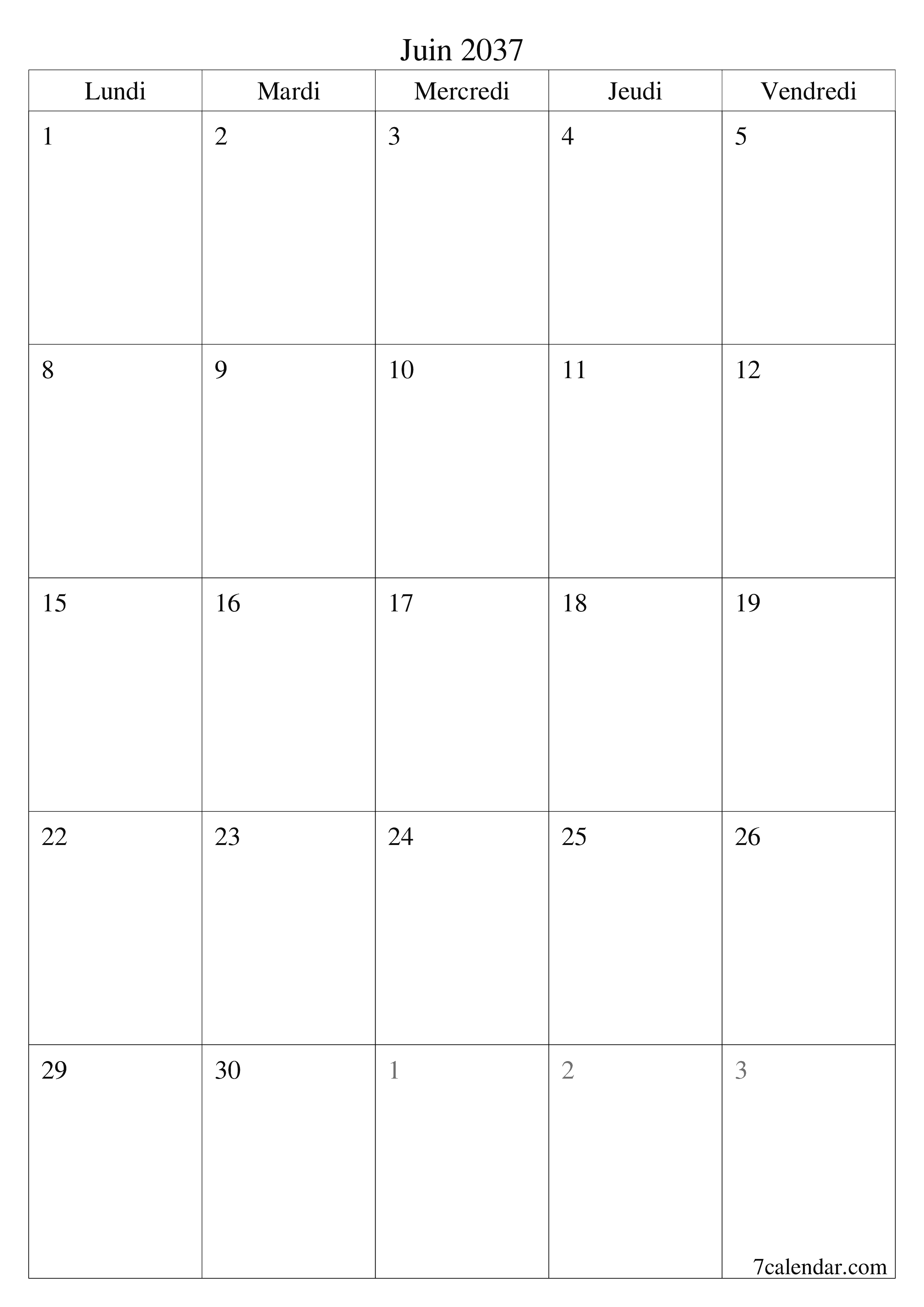  imprimable mural modèle de gratuitverticale Mensuel planificateur calendrier Juin (Jui) 2037
