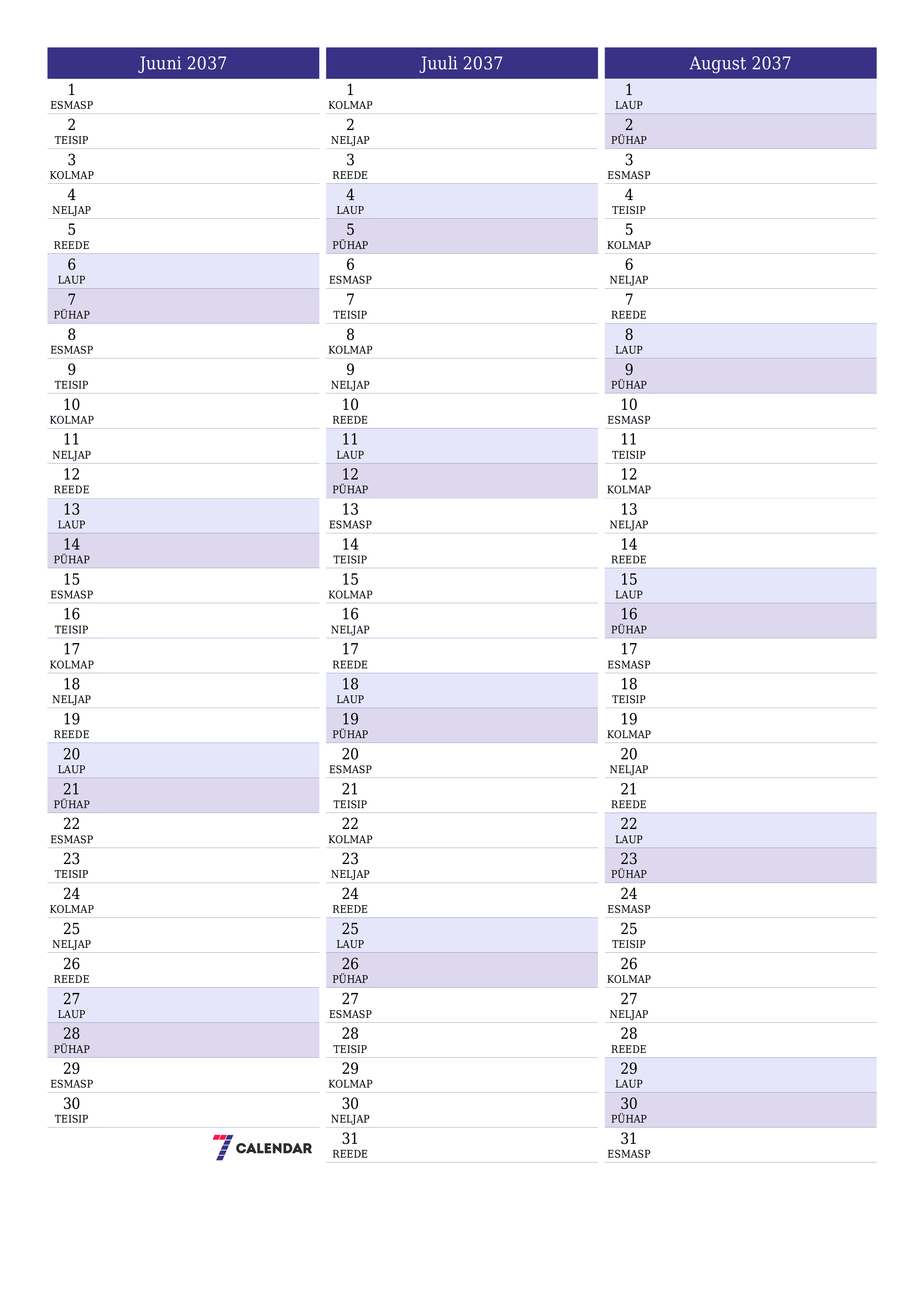 Tühjendage kuu Juuni 2037 kuuplaneerija märkmetega, salvestage ja printige PDF-i PNG Estonian