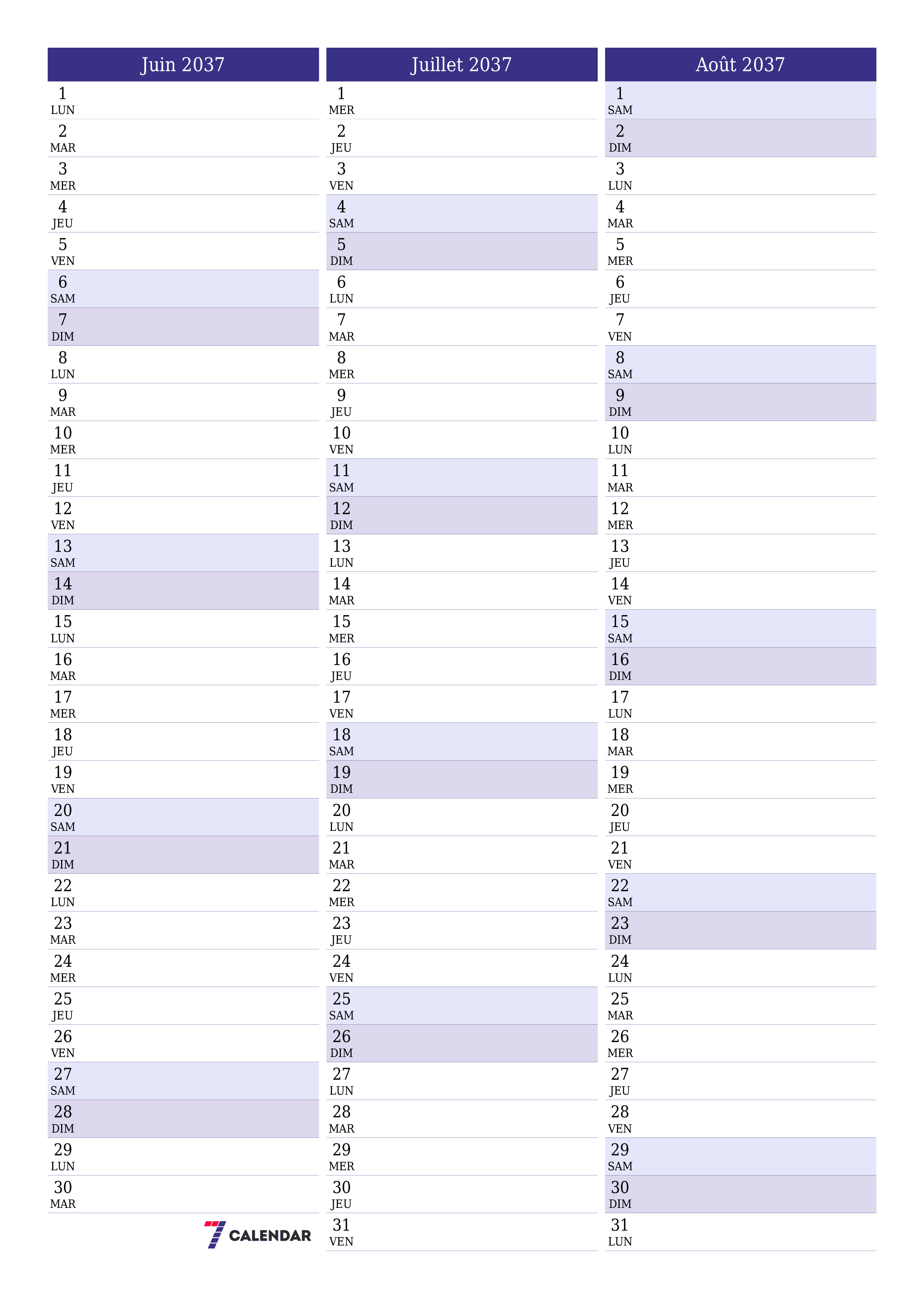 Agenda mensuel vide pour le mois Juin 2037 avec notes, enregistrez et imprimez au format PDF PNG French
